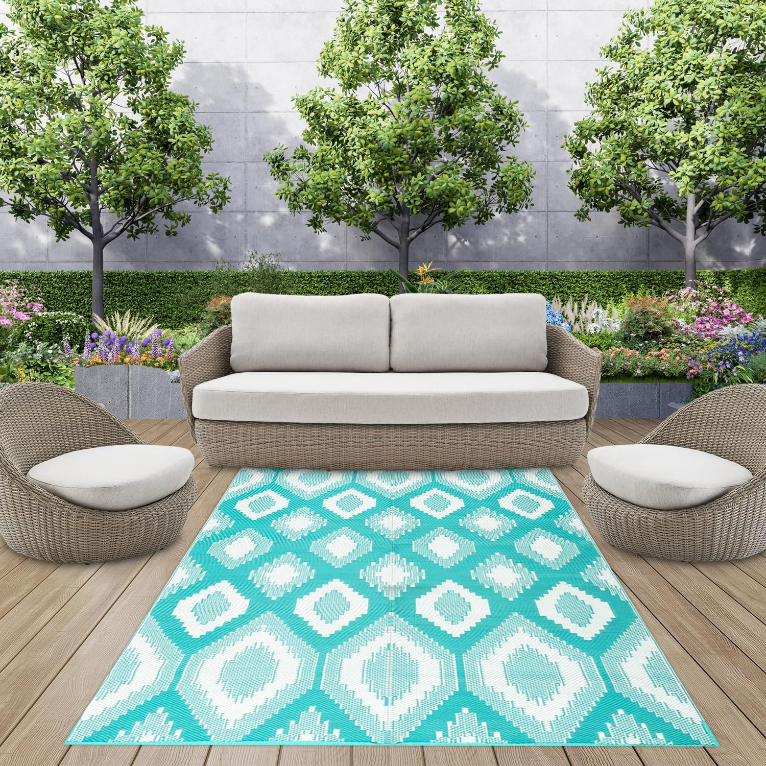 XCELERATOR Large Outdoor Rug for Patio, Reversible Portable Camping Rug, Weather Proof Plastic Straw Rug for RV Deck Camper Balcony, Positano 200 X 270 Cm Aqua and White image number 5