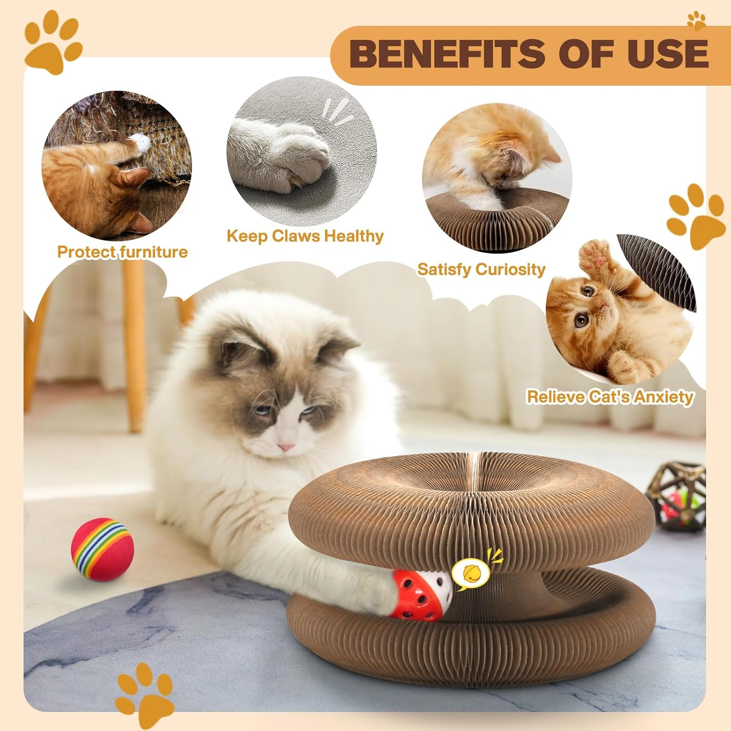 Magic Organ Cat Scratcher Board with 3 Balls, Foldable Recyclable Accordion Cats Toy with Ball and Track Adventure, Cat Scratching Pad, Retractable Reversible Furniture Protector(Brown) image number 5