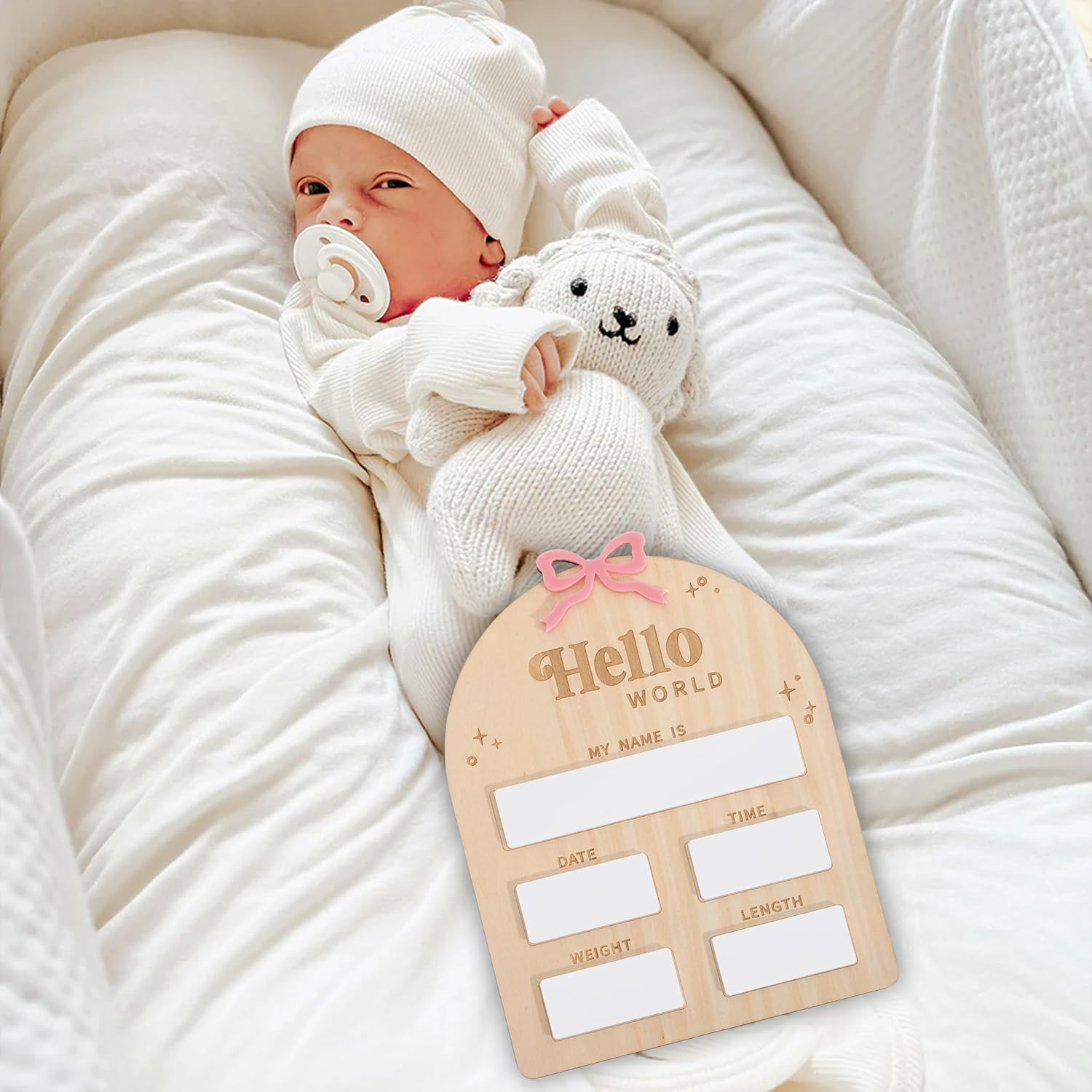 Wooden Bow Baby Birth Announcement Sign for Girls - Pink Bow Hello World Newborn Welcome Board, Wooden and Acrylic Birth Announcement Board, Hospital Birth Stats, Nursery Decorations image number 4
