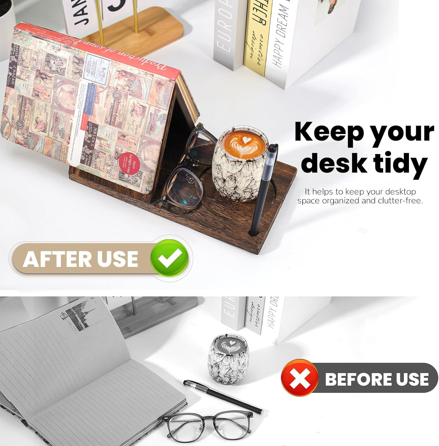 Triangle Wood Book Rest with Cup Holder, Mini Wooden Book Holder Bookcase, Book Stand for Reading, Book Nook Reading Valet for Bedroom Nightstand Office Desk (Brown) image number 5