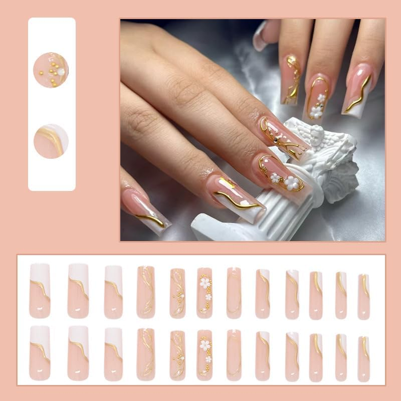 Mouyouglow Press on Nails Long, Square White French 3D Daisy Flowers Floral Gold Striped Design Fake Nails with Nail Glue, White French Flowers Y2K INS Pearl Artificial Fingernails image number 2