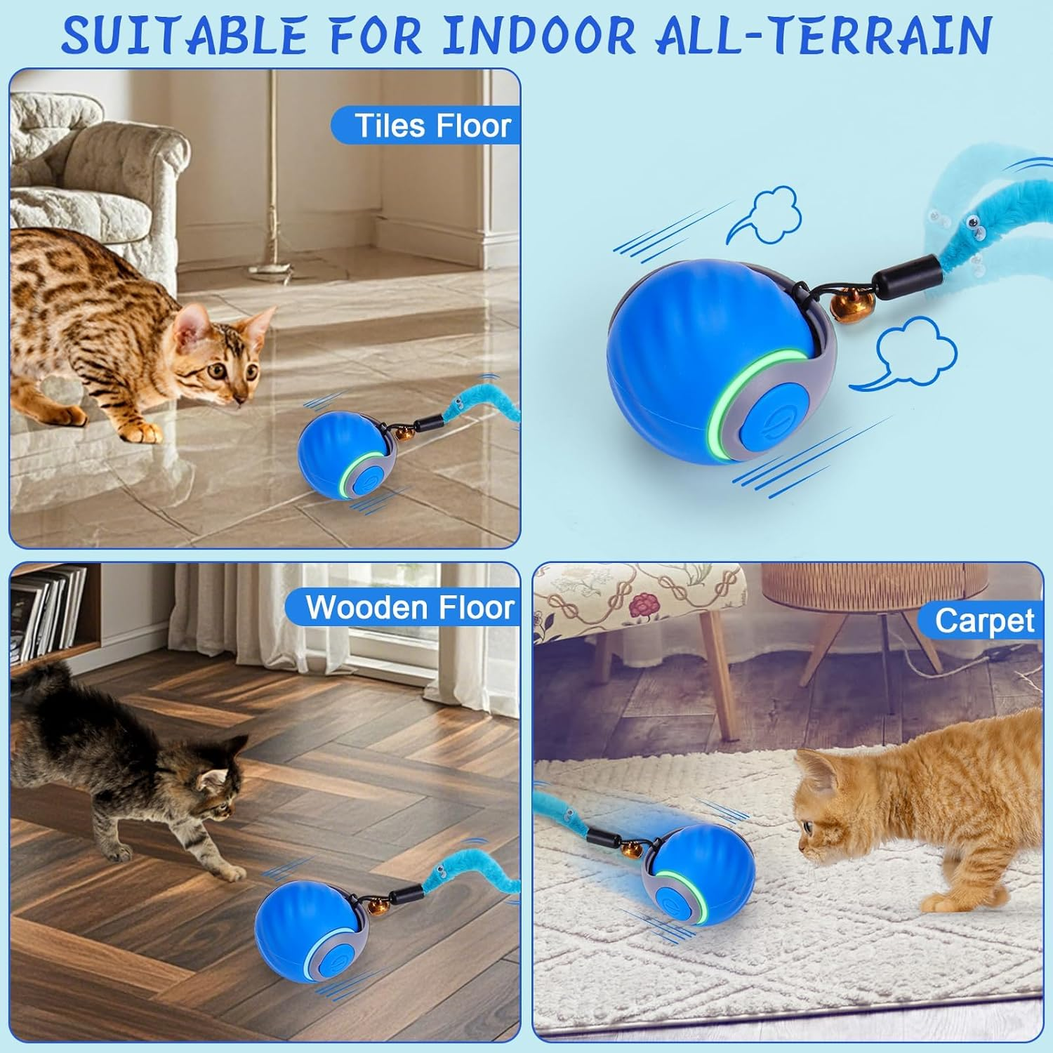 Interactive Cat Toy Ball - Automatic Interactive Cat Toys for Indoor Cats with 3 Tails, 2 Speeds Rechargeable Cats Enrichment Dog Toys Balls for Small/Medium/Large to Keep Them Busy, Orange (Blue) image number 6