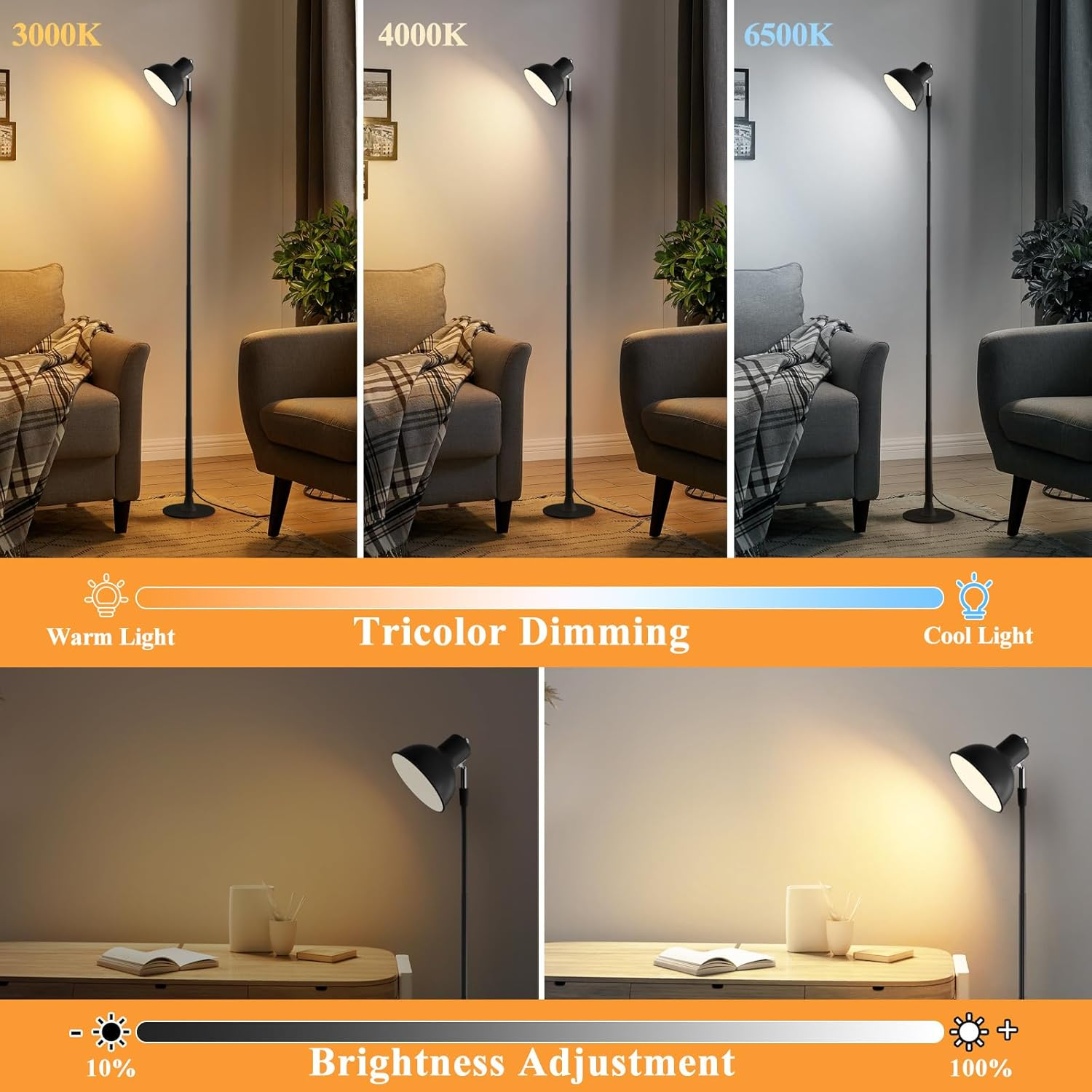 Cordless LED Metal Table Lamp, 2-In-1 Led Floor Lamp & Desk Lamp, Standing Lamp with Adjustable Reading Lights, USB Rechargeable Tall Lamps Bedside Lamp with 3 Color Modes & Stepless Dimmable