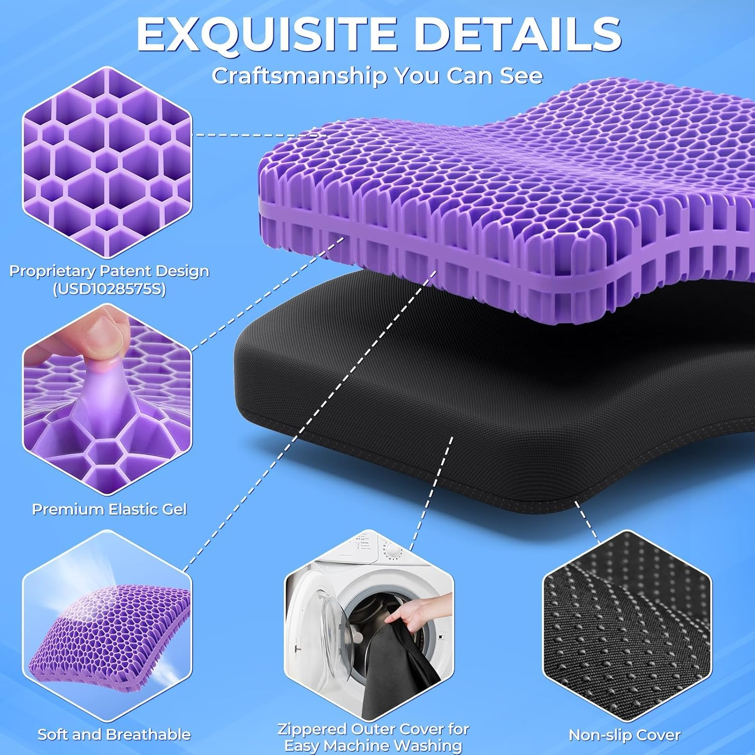 Gel Seat Cushion for Long Sitting, Enlarged and Thickened Design Chair Cushion, Breathable Cooling Seat Cushions for Office, Home Chairs, Soft Car Seat Cushion for Wheelchair (Purple-Xl) - Light Blue-Xxl image number 4