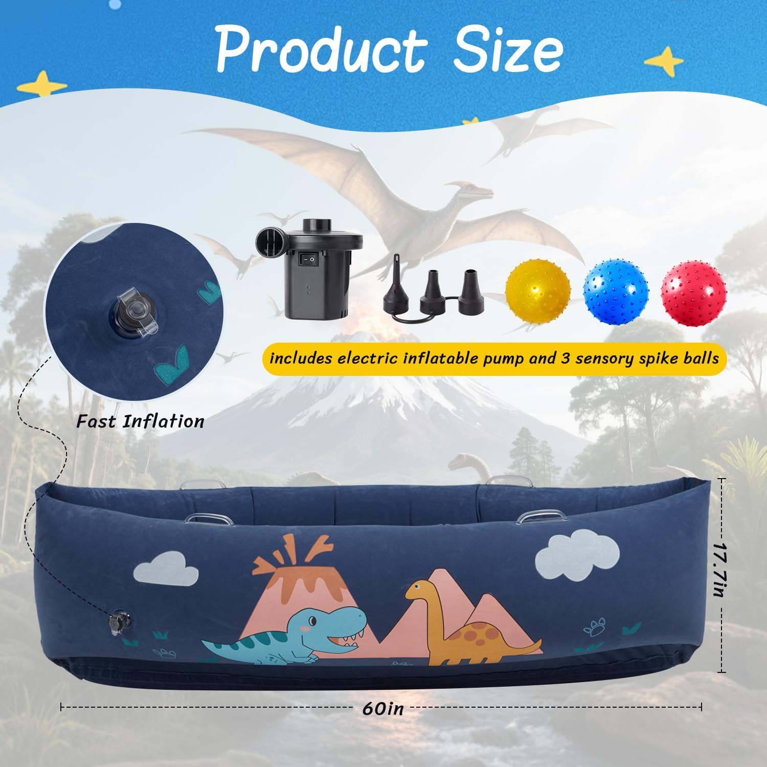 Sensory Chair for Kids, 60" Inflatable Sensory Peapod for Autistic Children, Includes Electric Pump & 3 Sensory Balls, Full Body Calming Pressure, Glow-In-Dark(Dinosaur)