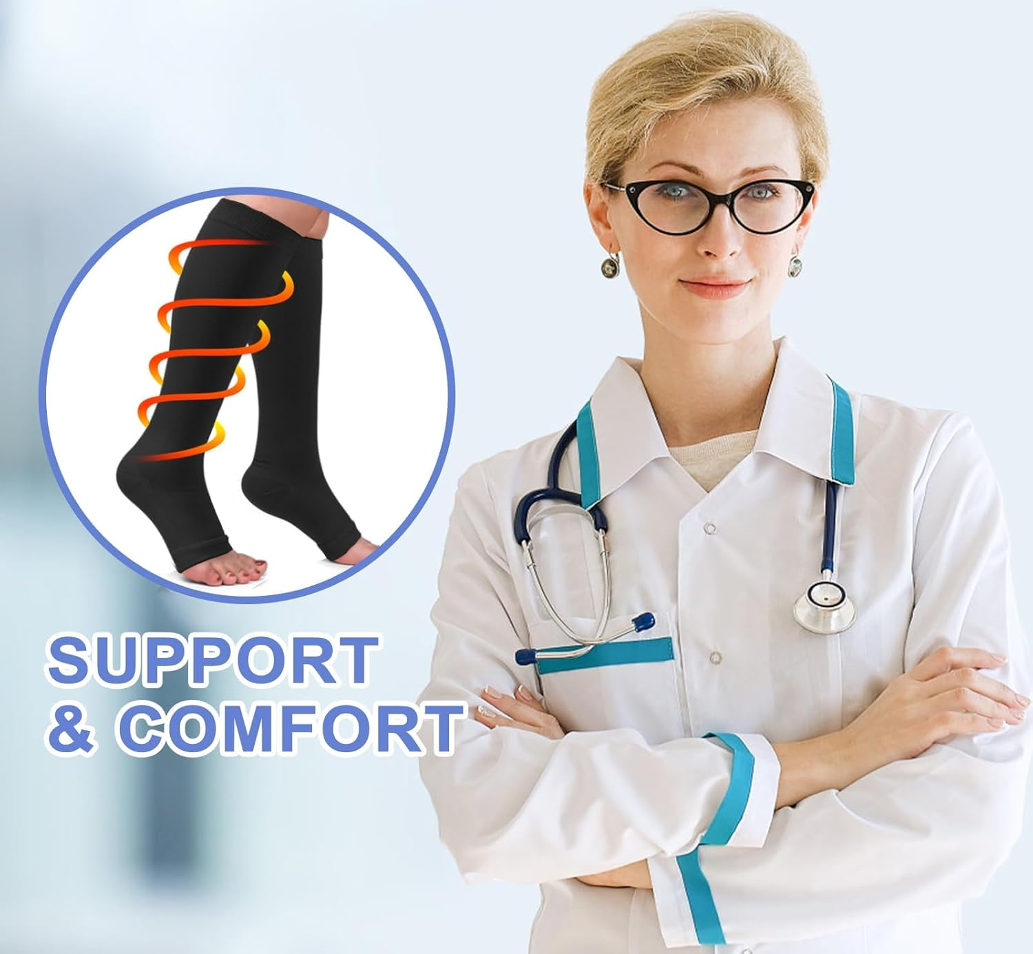 3 Pairs Open Toe Compression Socks 20-30Mmhg Knee High Medical Compression Socks for Women Men Travel Flight Nurse Support-Sztty image number 1