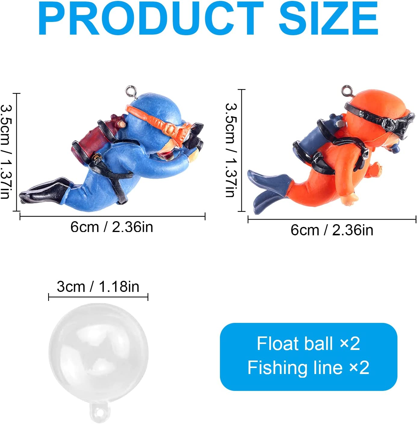 2 Pcs Fish Tank Decorations Diver Decorative Ornament Floating Pendant for Creative Fish Tank Accessories, Aquarium Decorations, Marine Landscaping(Blue+Orange) (MG002) - Blue+Orange image number 3