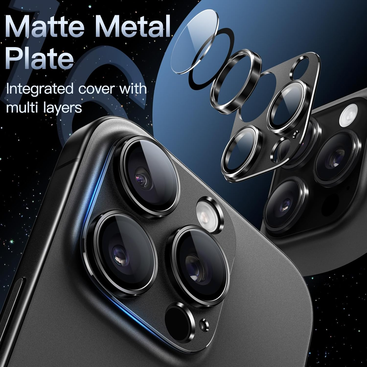 Jetech Camera Lens Protector for Iphone 16 Pro 6.3-Inch and Iphone 16 Pro Max 6.9-Inch, Full Coverage 9H Tempered Glass Ring Cover, Matte Metal Plate, Case Friendly, 1-Pack (Black) - Desert Titanium image number 4