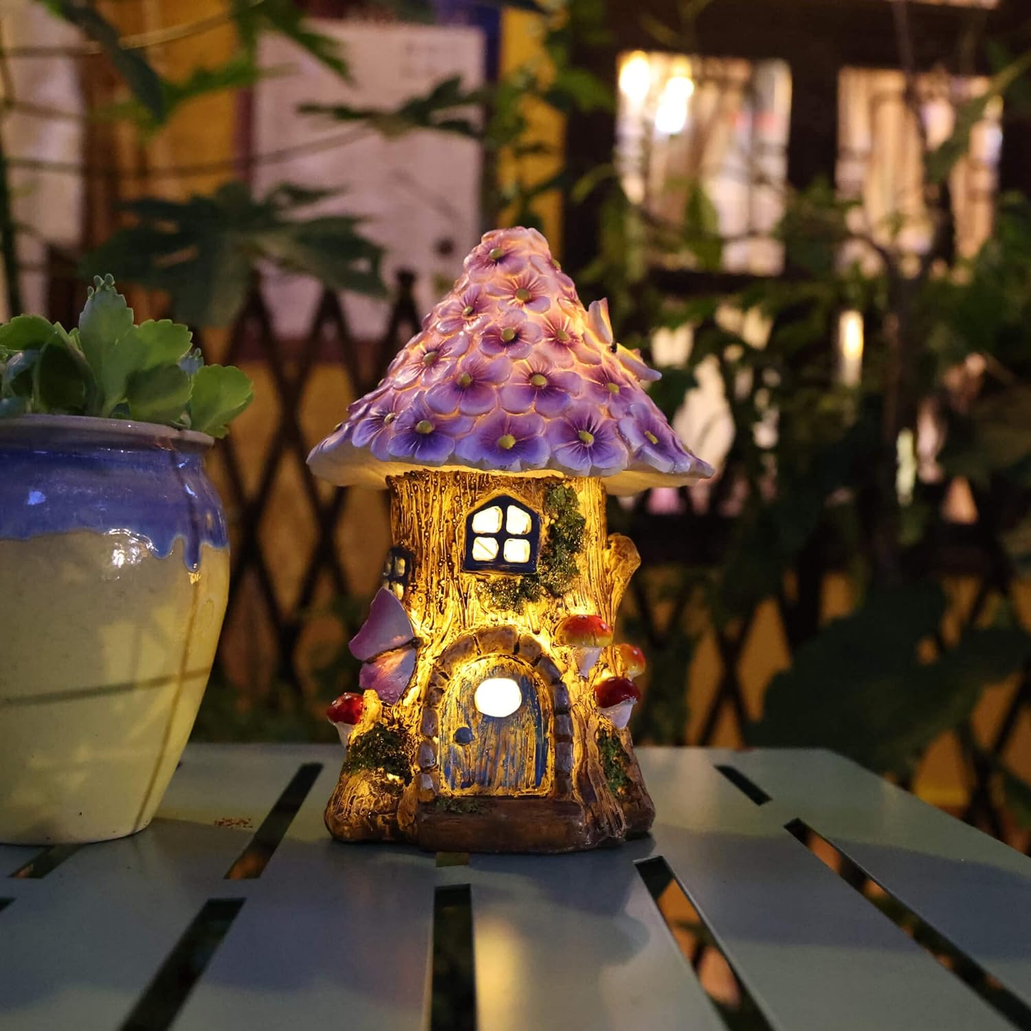 Annastore Fairy Garden House Solar Outdoor Statue, Light up Mushroom Figurines Fairy Lawn Decorations for Yard, Fairies for Miniature Houses for Outside, Resin DIY Fairy Garden Kits Accessories image number 6