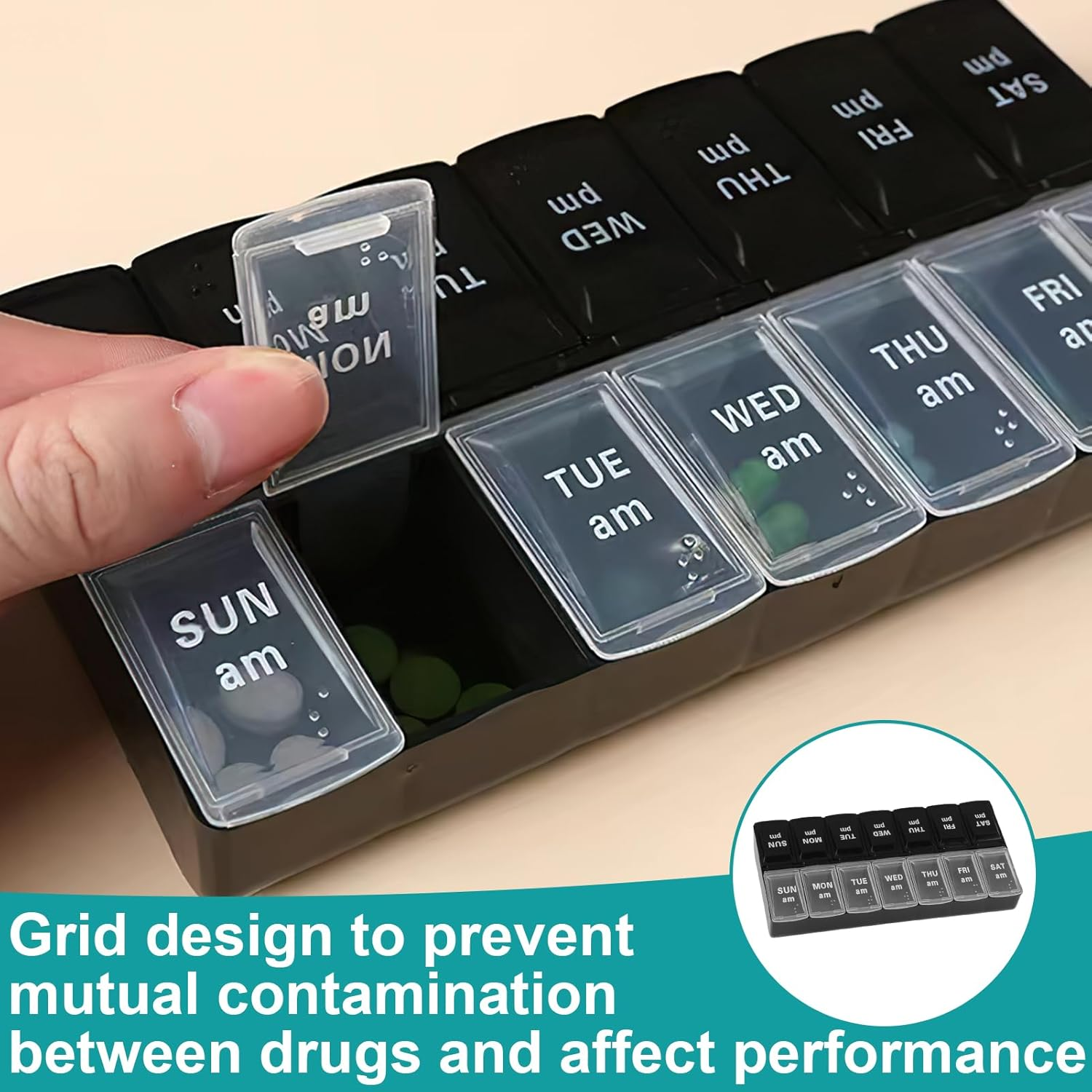 Bushhaven Pill Organiser Box - Weekly 7-Day AM/PM Pill Case with 14 Removable Compartments for Vitamins, Fish Oil, Supplements & Medication | Portable Travel Pill Organiser Box (Black) image number 6