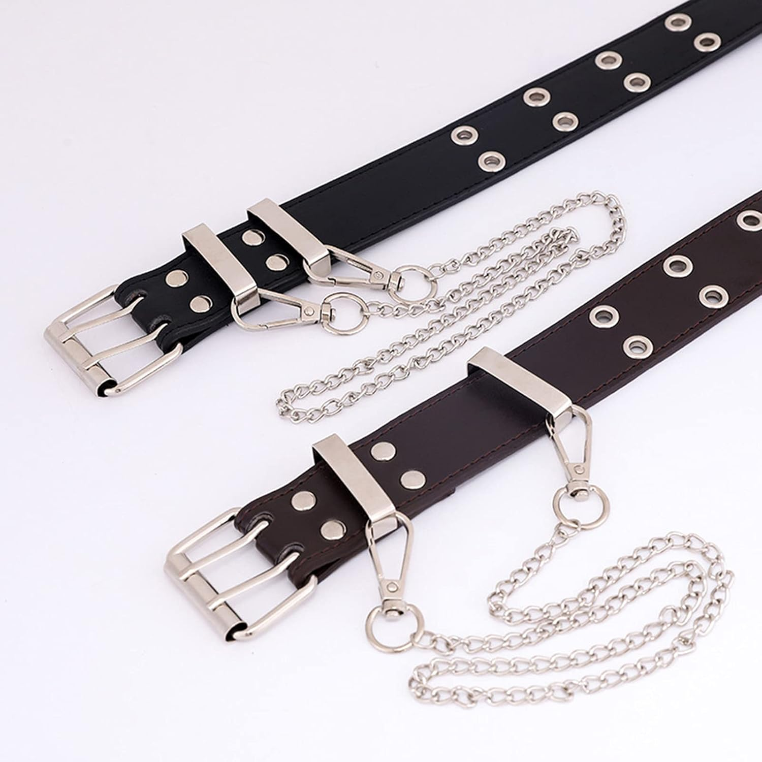 Kowaku Double Grommet Belt for Women Men Leather Punk Rock Adjustable Belts Double Prong Buckle Eyelet Hollow Waist Belt