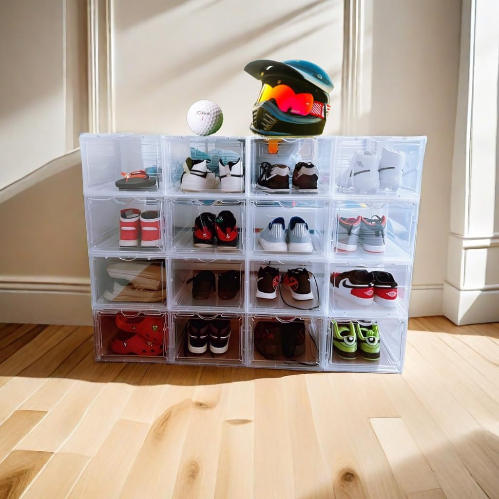 4 Pack Thicken Shoe Organizer Stackable, Containers for Sport Sneaker Display,Upgraded Sturdy Shoe Storage Box with Magnetic Door, DIY Shelving System - Black image number 4