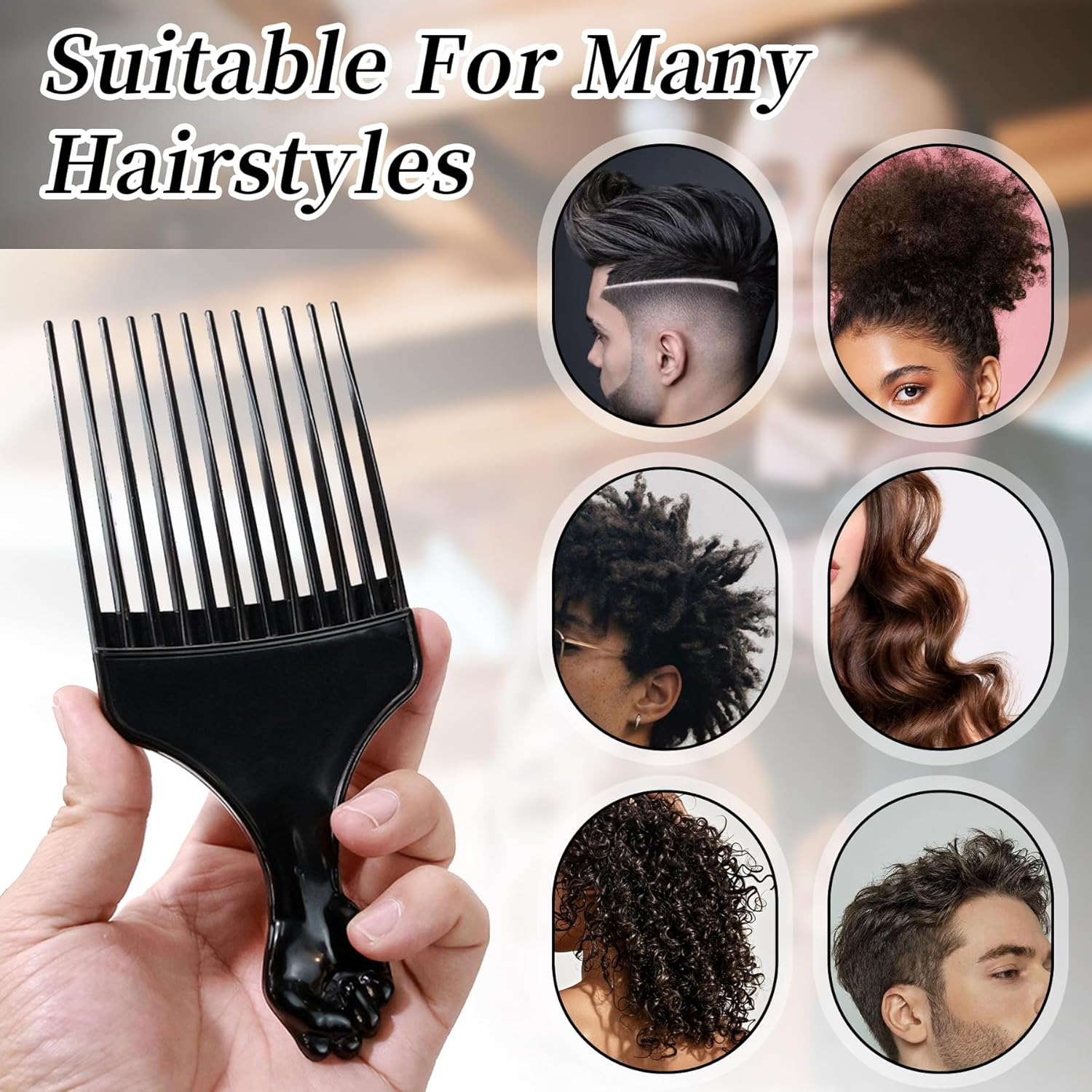 Neoreser Pack of 2 Afro Combs, Coarse Zinc Curling Comb with Handle, Salon Hairdresser Hair Care Tools for Natural Curls (Black) image number 1