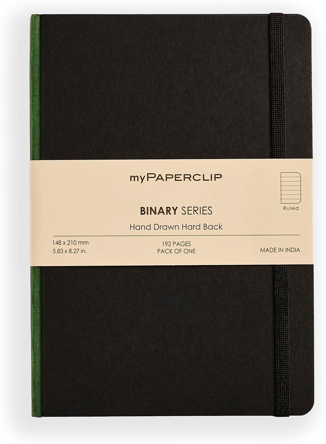 Mypaperclip Binary Series Notebook, Section Thread Bound, Hand Drawn Hard Cover, A5 (148 X 210 Mm, 5.83 X 8.27 In.) Plain, BSH192A5-P Black Hard Cover, Red Spine