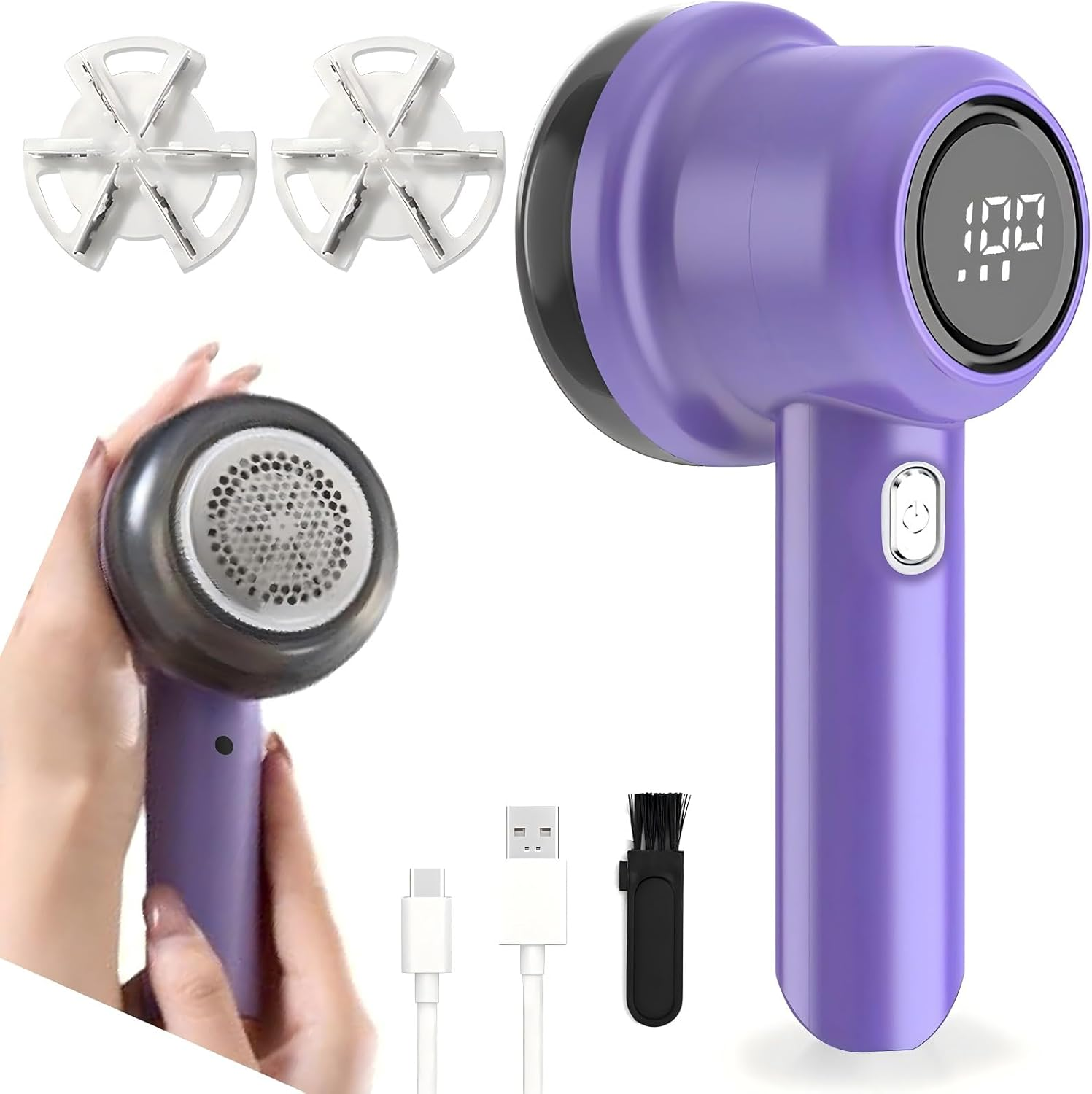 Fabric Shaver, Rechargeable Lint Remover, Portable Electric Sweater Defuzzer with 3 Speeds, 6 Leaf Blades, Digital LED Display to Remove Pilling for Clothes, Furniture, Sofa, Sweater, Blanket White