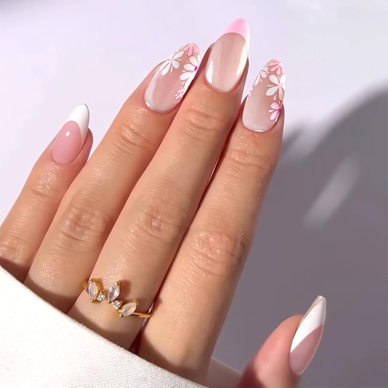 Charmburst Pack of 24 Medium Almond Shape Press on Nails, Flower Design Sticker Nails, French Style with Shine, False Nails, False Nails, Stick on Nails