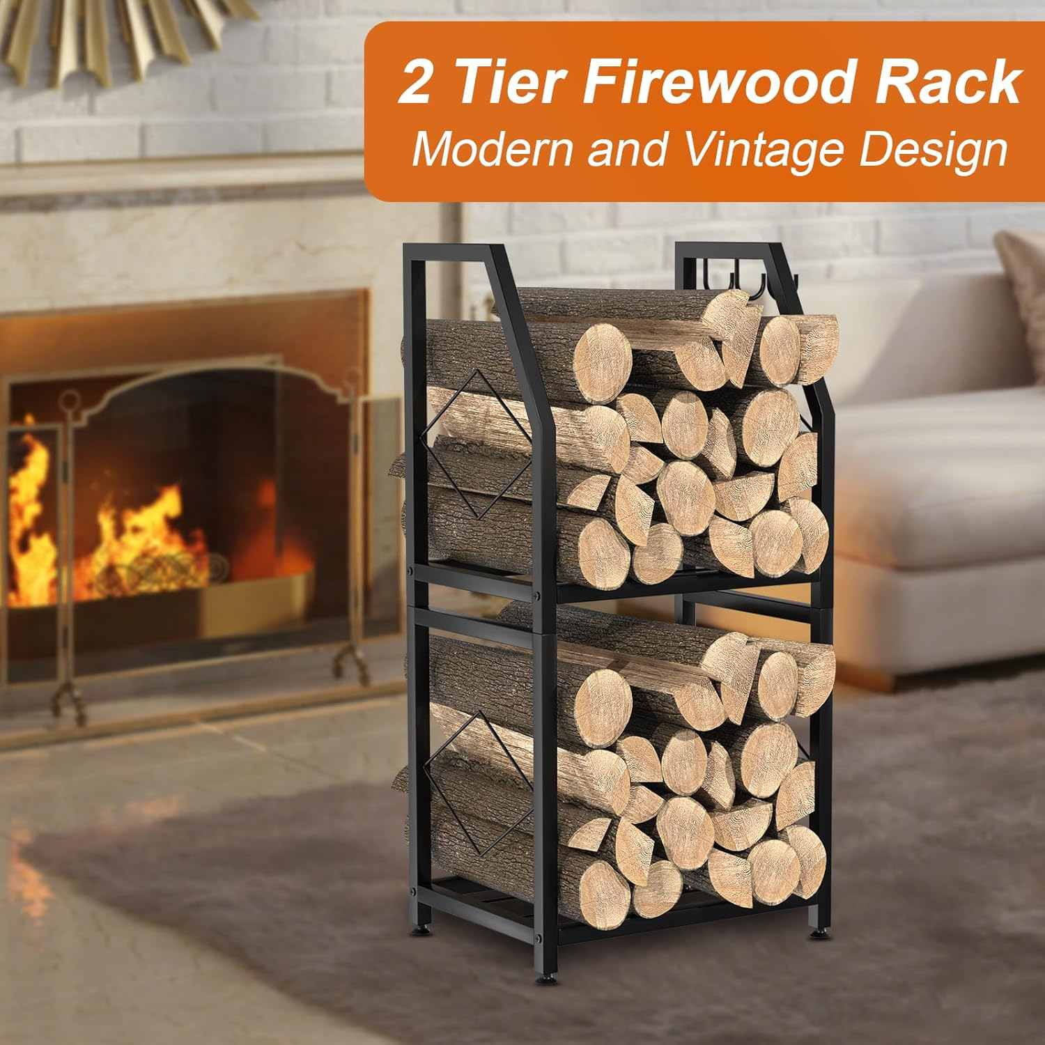 Firewood Rack for Indoor, 2-Tier Firewood Holder with 3 Hanging Hooks, Heavy Duty Wood Rack for Outdoor Patio, Black image number 2