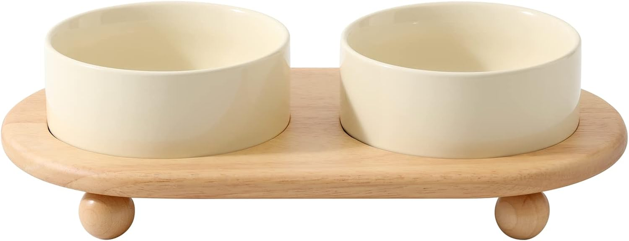 Havniva Ceramic Elevated Cat Food and Water Bowl, Kitty Bowl, Raised Cat Dish, Cat Feeder (2 X Cream White + Stand)