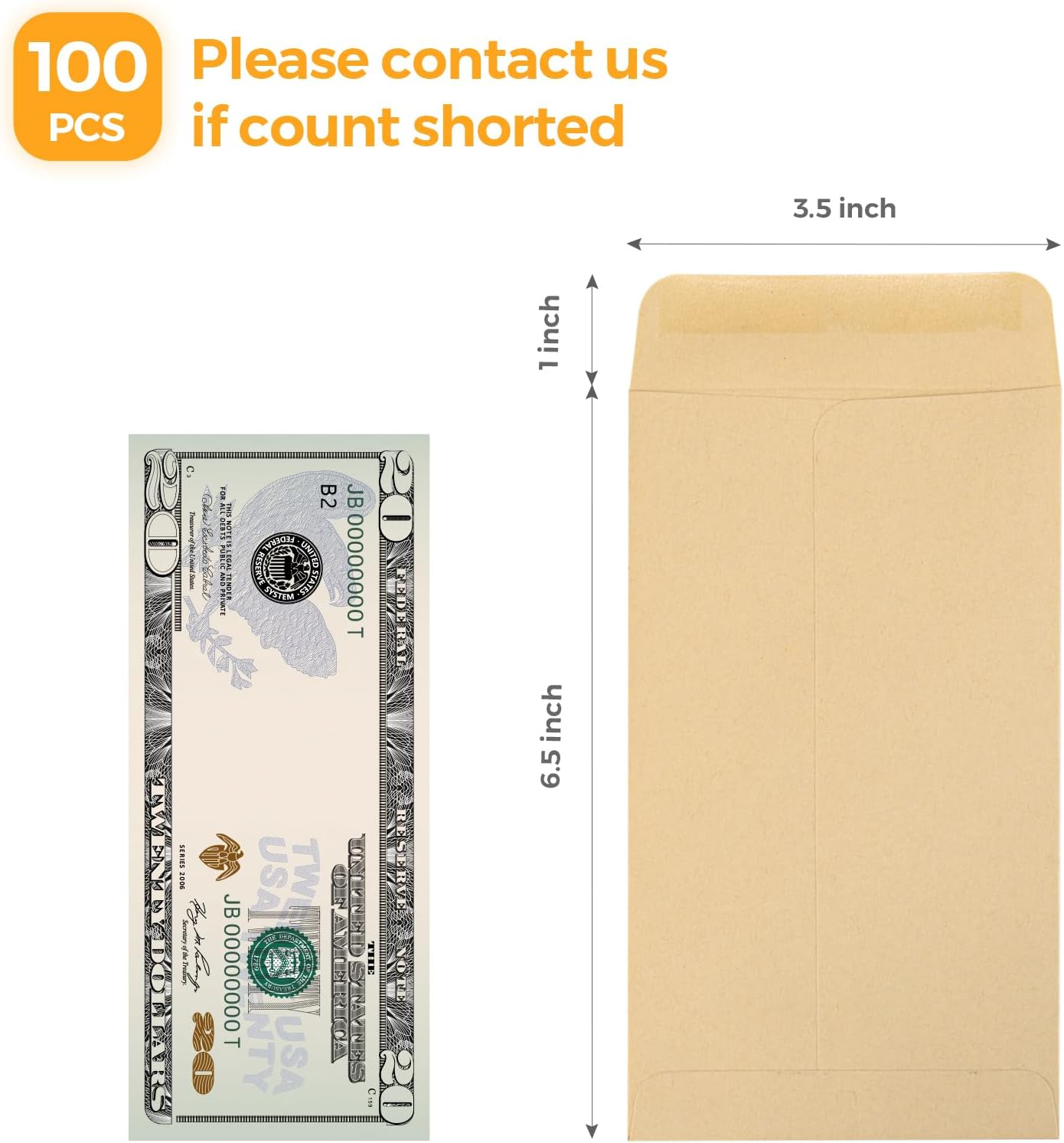 ACSTEP 100 PACK Brown Cash Envelopes 3 1/2 X 6 1/2 for Budgeting, Small Kraft Money Envelopes Self Adhesive for Cash, Coins, Check, Seeds, Money Savings Challenges image number 4