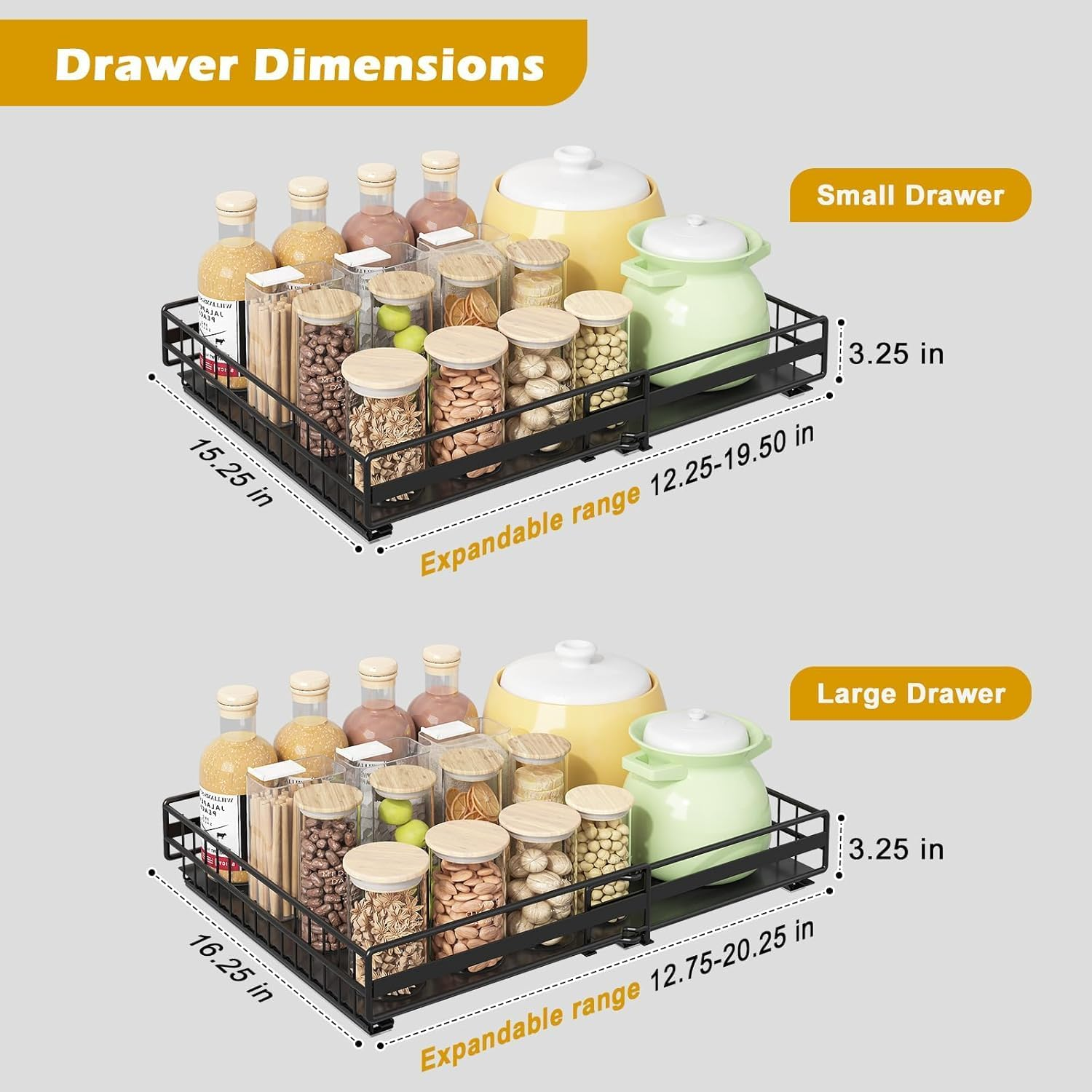 Pull Out Cabinet Organizer, 2 Pack, Expandable 30-51 Cm Slide Out Drawers, 3 Slide Rails, Black image number 2