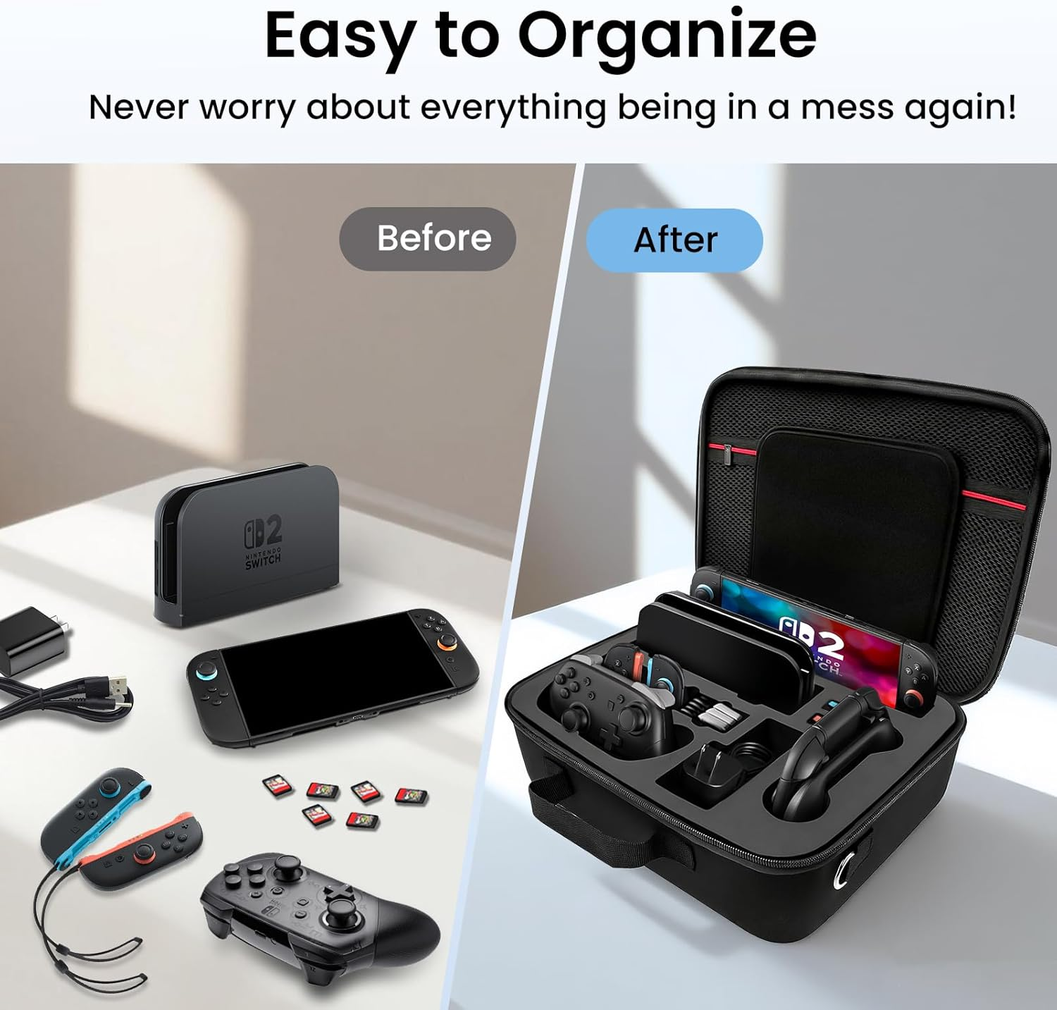 Carrying Case for Switch 2 [Black] &ndash; Large Capacity Travel Storage Bag, Compatible with 2025 Switch Model, Shockproof Waterproof EVA Hard Shell, Lightweight with Handle Strap for Console & Accessories image number 3