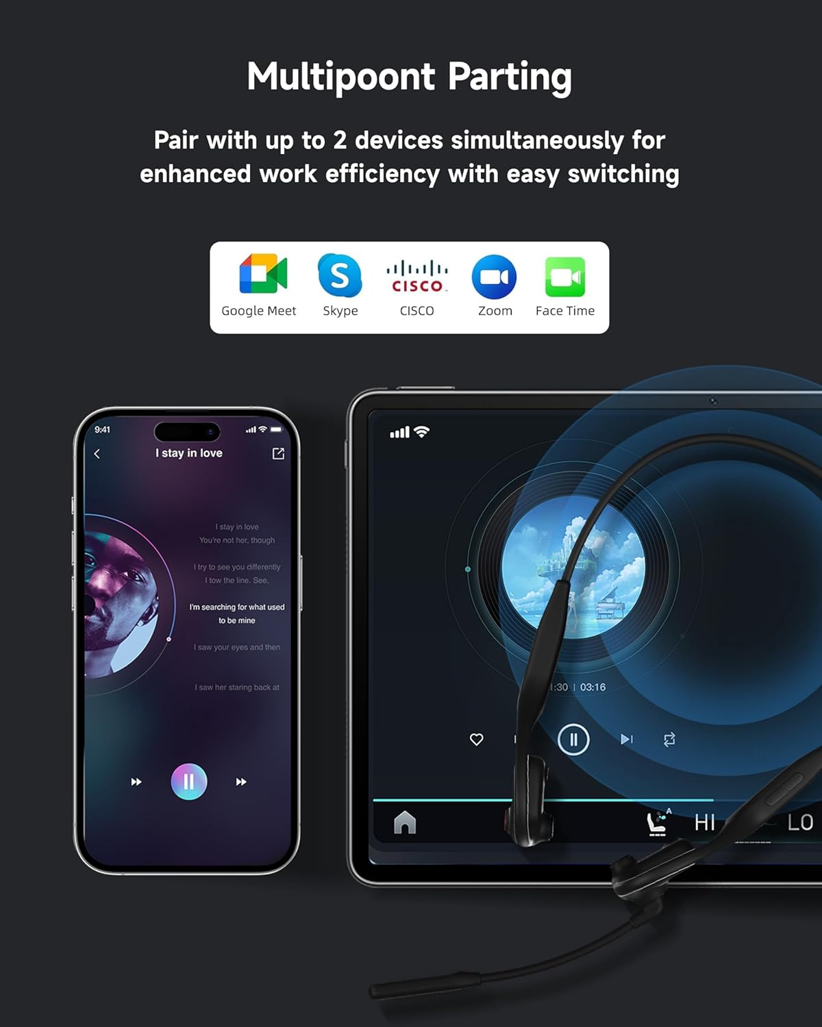 LOBKIN Open Ear Headphones with Mic, Bluetooth Headset with Noise Cancelling Microphone and Multipoint Connect, Wireless Bluetooth 5.3 Headset for Work Call Meeting Driving