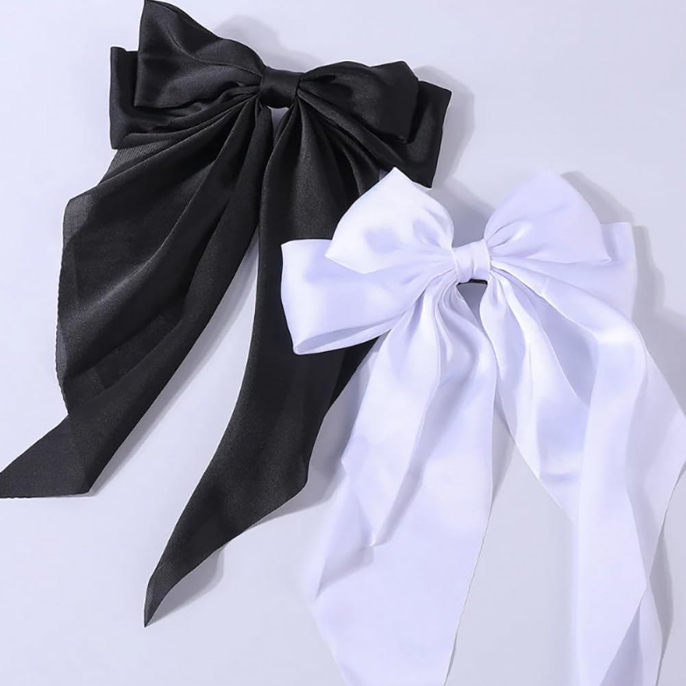 2 Pieces Large Satin Hair Clips with Bow Long Ribbon Hair Bows Hairpins Solid Color Bow Hair Clips Vintage Silky Hair Accessories for Women (White/Green) image number 2