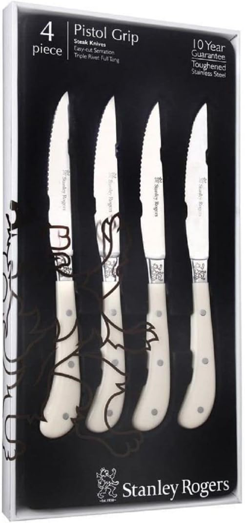 Stanley Rogers Pistol Grip Artisan Steak Knife Set, Stainless Steel Serrated Blade, Sharp Knives with Ergonomic Handle (Colour: Cream, Silver), Quantity: 1 Set, 4 Pieces