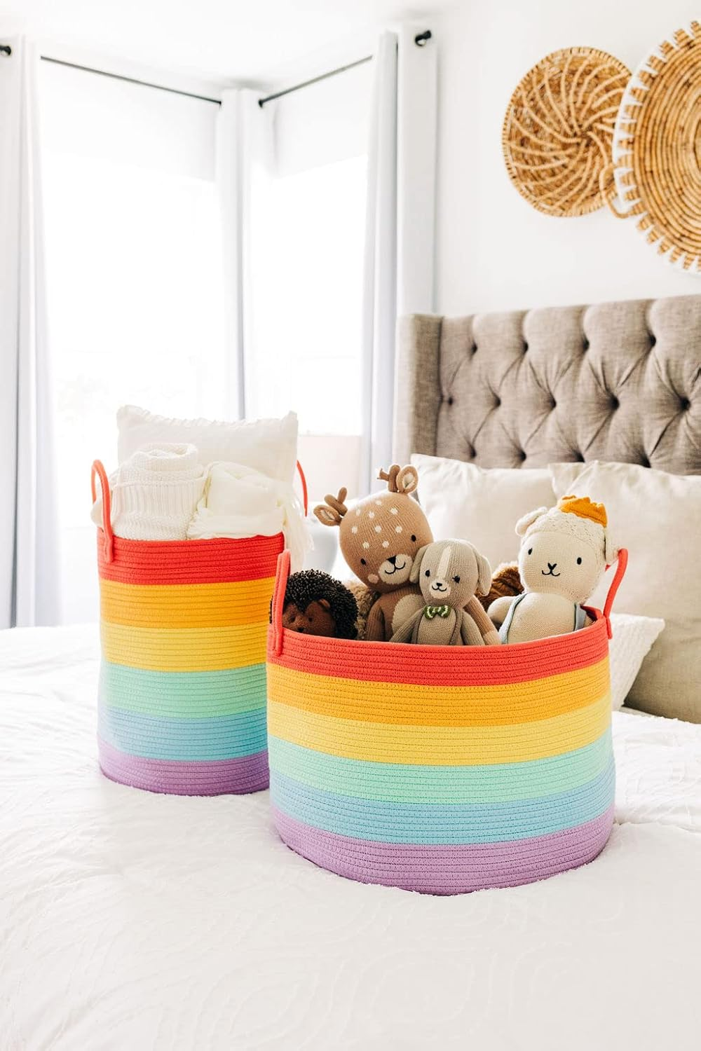 Organihaus Storage Basket for Children'S Room & Living Room, Braided Cotton Basket with Handle, Laundry Hamper for Blankets, Toys, Clothes, Foldable & Stable - 50 X 33 Cm, Rainbow image number 4