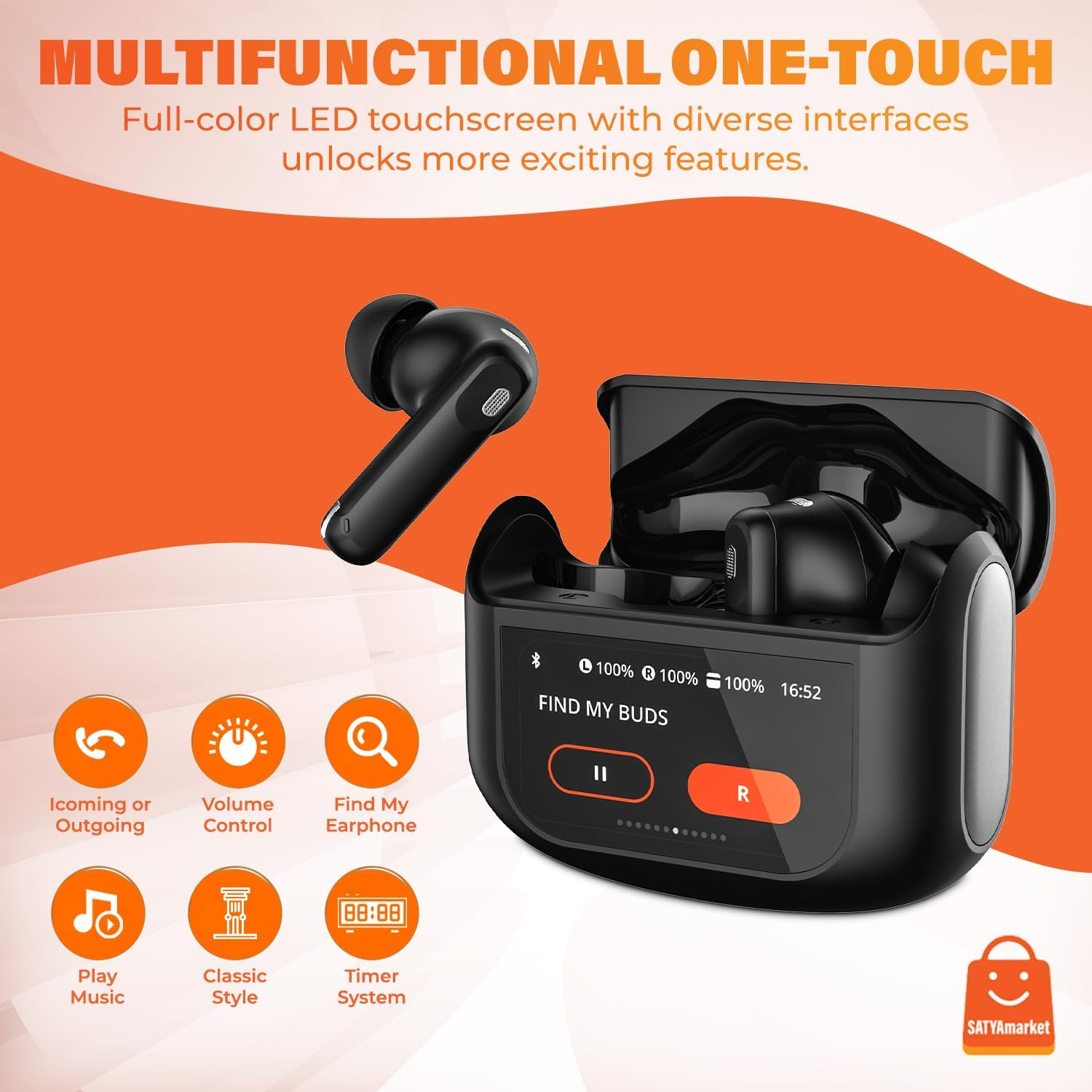 Satyamarket Wireless Earbuds Bluetooth 5.4 with Touchscreen Display &ndash; TWS Headphones with 4-Mic Noise Cancelling, Bass Boost, Hi-Fi Stereo Sound image number 2