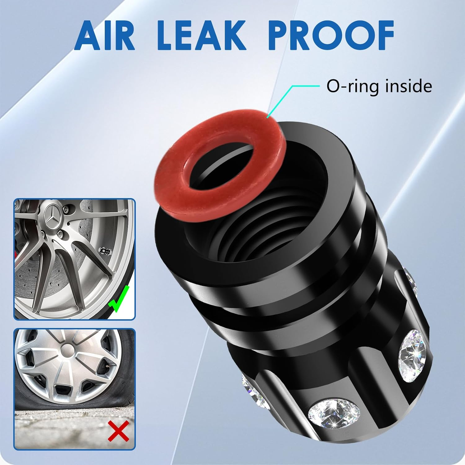 QUARKACE Tire Valve Caps, Bling Valve Stem Caps with Sparkly Rhinestones, Tire Caps 4 Pack for Cars Suvs Trucks Motorcycles Bikes, Anti-Fading Coating, Corrosion Resistant, Air Leakproof - Black image number 4