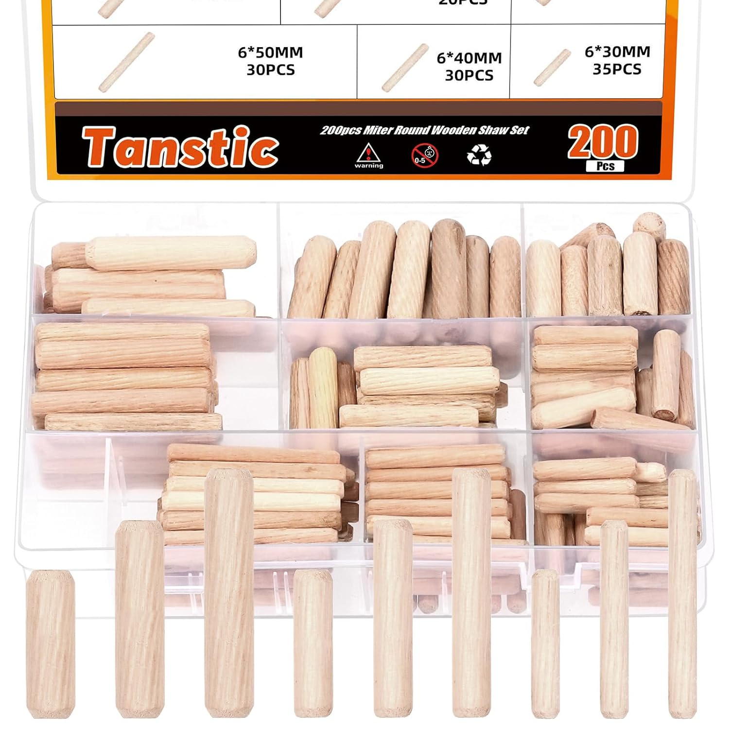 Tanstic 200Pcs 9 Sizes Wooden Dowel Pins, 6Mm 8Mm 10Mm Wood Beveled Ends Tapered Pins, Straight Groove Wooden Dowel Pins for Furniture Door Art Crafts Projects image number 5