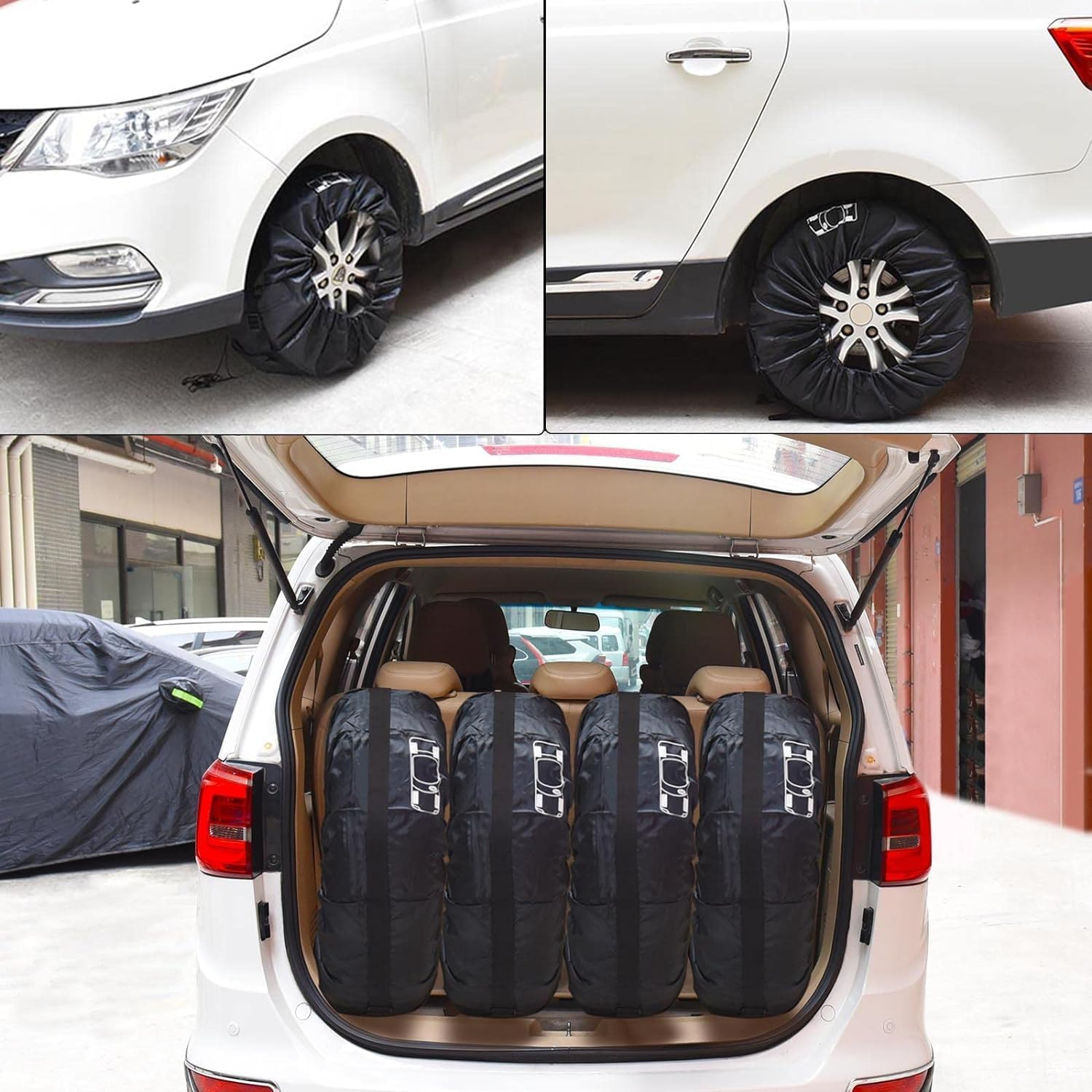 Geloo Car Spare Tire Cover, Seasonal Tire Totes,Polyester Wheel Tires Storage Bags Vehicle Tyre Accessories Tyre Cover with 4Pcs Fit for 19"-23" Tyres (Diameter 80Cm)-Black image number 3