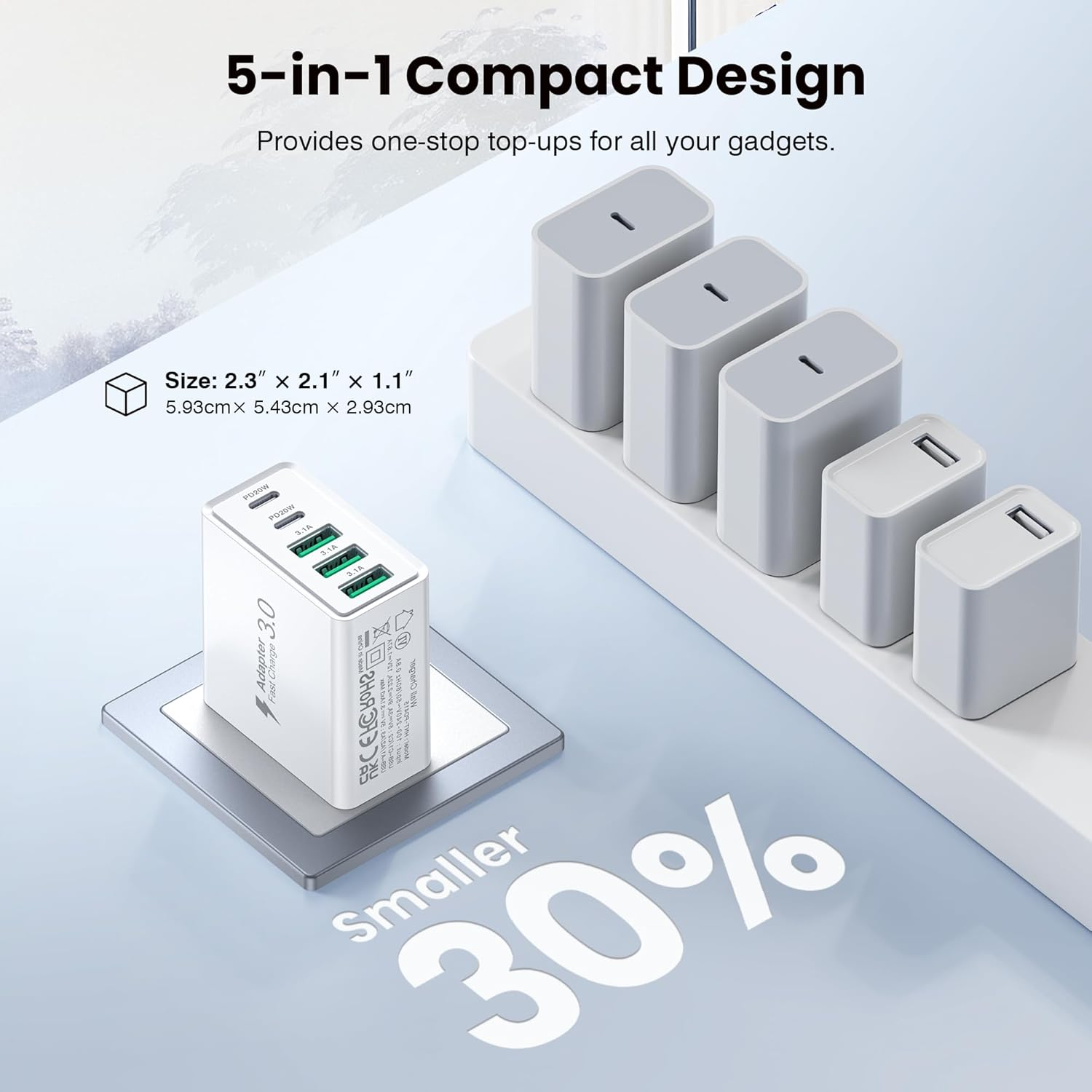 [2-Pack] USB C Wall Charger, 50W Fast USB C Charger Block, 5-Port PD Power Adapter + QC Wall Plug Multiport Type C Charging Block Cube Compatible with Iphone 17 16 15 14 13 12 Pro Max XR XS,HNT-PT415 image number 1