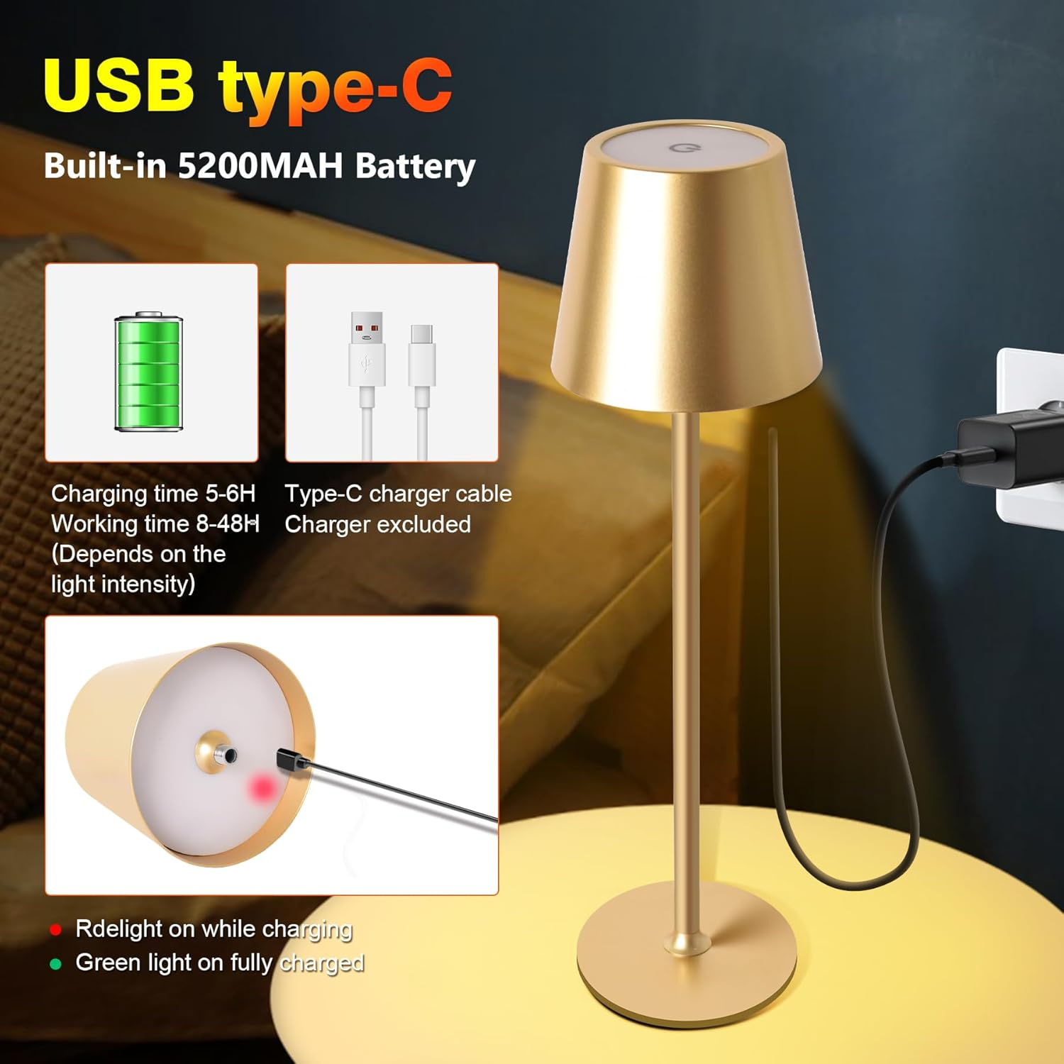 LED Table Lamp, Dimmable LED Battery Table Lamp Wireless, with 6000 Mah Battery, Rechargeable Table Lamp with USB, 3 Light Modes for Bedroom, Living Room, Dining Room, Bar, Gold, Large - 1 Piece Golden image number 2