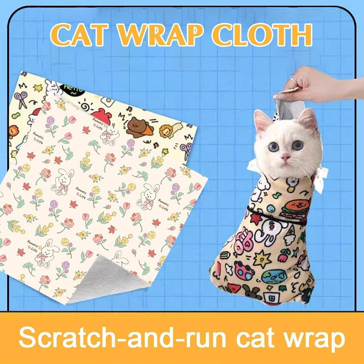Cat Grooming Wrap, Fabric Wrap for Cats, Cat Wrap for Cutting Nails,Self-Adherent, Anti-Scratch, Anti-Bite, Anti-Escape Calming Wrap for Medicine,Nail Clipping (L: 55 * 55 Cm / 21.7 * 21.7 In) image number 5