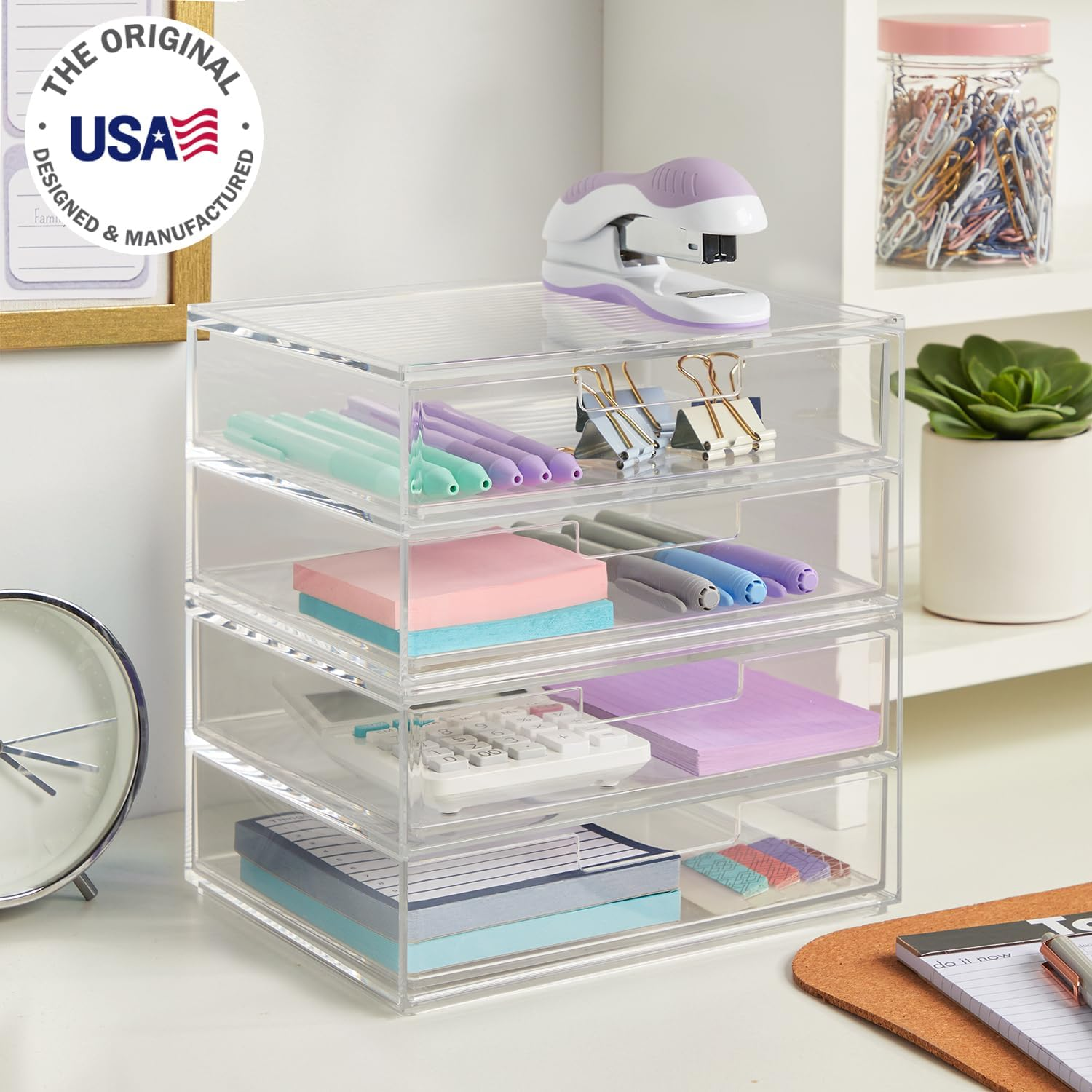 Stori Chloe 4 Drawer Clear Makeup Organizer | Sort Cosmetics and Beauty Supplies | Set Includes Two Stackable Double Drawer Units | Made in USA, Off-White image number 1