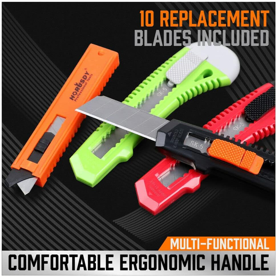 HORUSDY 12-Pack Box Cutters Retractable, 10-Pack SK-5 Extra Blades, Utility Knife Retractable for Boxes, Cartons, Cardboard Cutting, 18Mm for Office, Home, Arts Crafts, Hobby image number 2