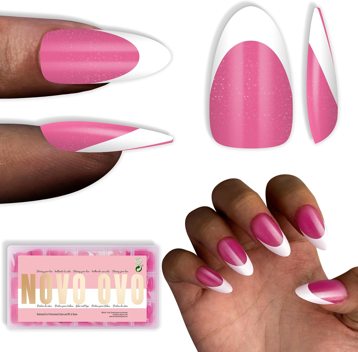 NOVO OVO White French Tip Oval Nail Tips Press on ROSE PINK, Extra Thick Medium Soft Gel Fake Nail Acrylic Extension, Need Builder Gel Top Coat, No Glue Included, for Salon DIY X 15 Sizes 240 Pcs