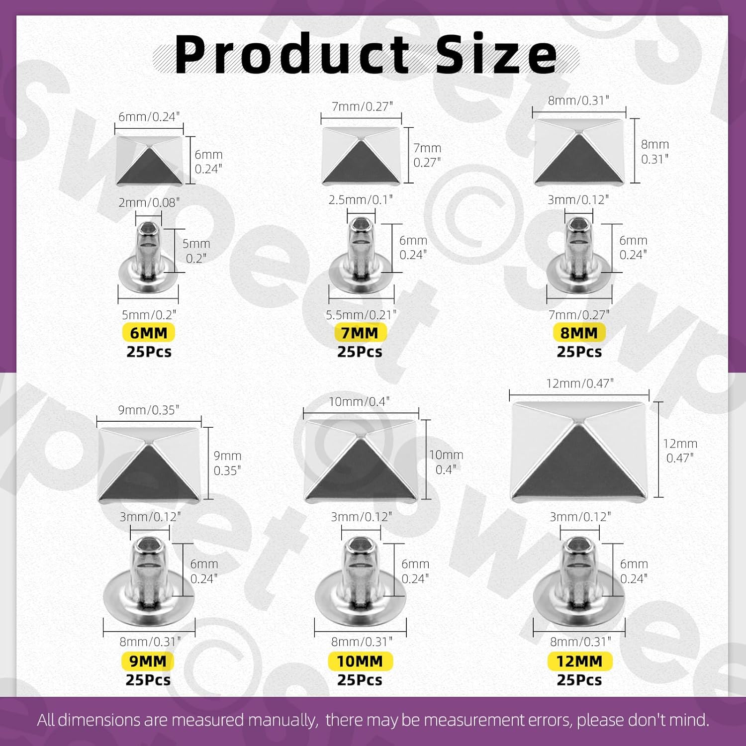Swpeet 150Pcs 6 Sizes 6Mm/7Mm/8Mm/9Mm/10Mm/12Mm Silver Spike Rivet Pyramid Rapid Rivet Studs Kit, Square Rivets Metal Pyramid Fits for Bag Leather Clothing Shoes Rivet Handicraft DIY Punk image number 1