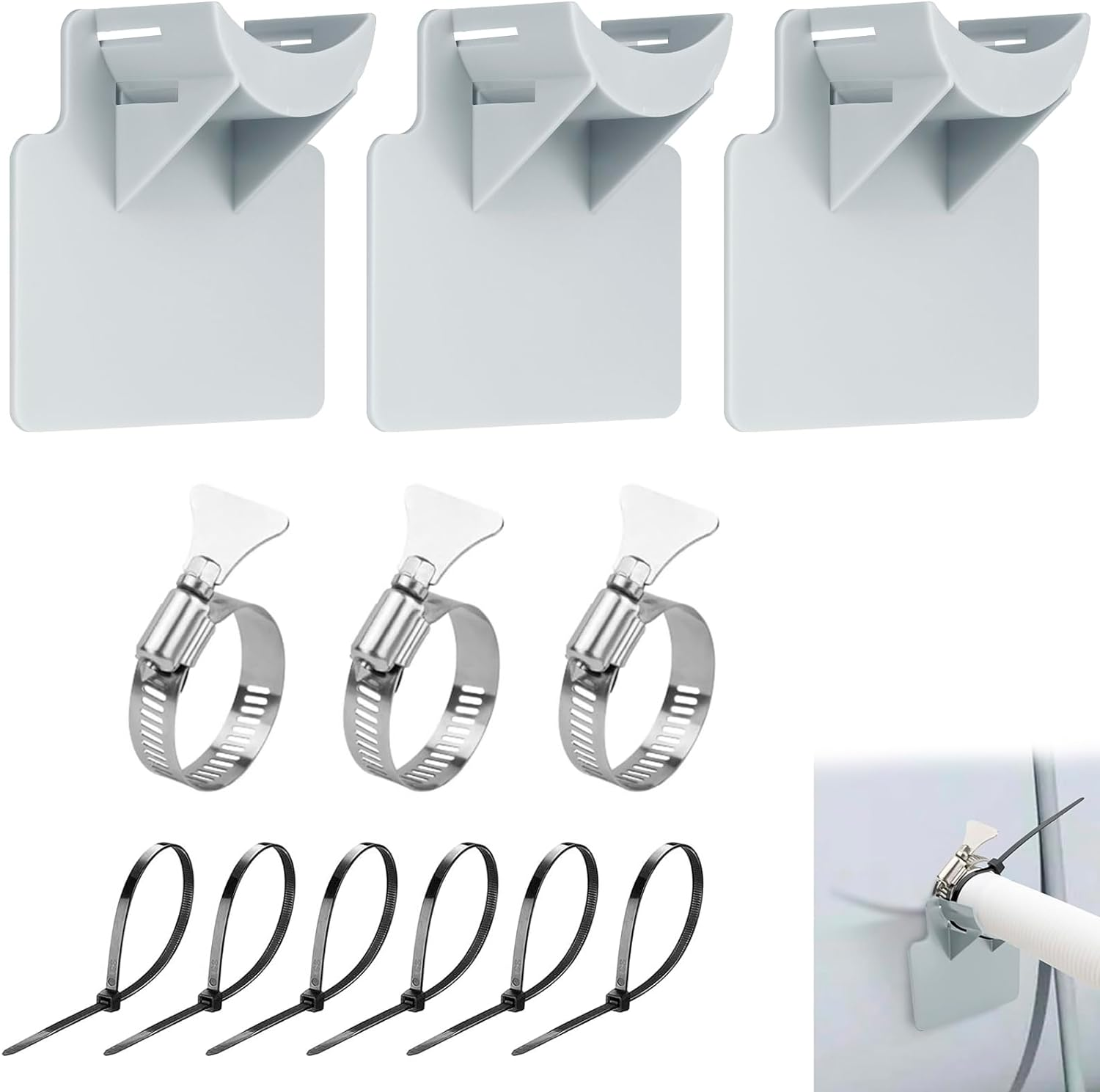 Adorila 3 Pack Swimming Pool Pipe Holders, Pool Hoses for above Ground Pools, Swimming Pool Hose Support with 3 Tapes, 6 Cable Ties & 3 Stainless Steel Hose Clamps (Grey)