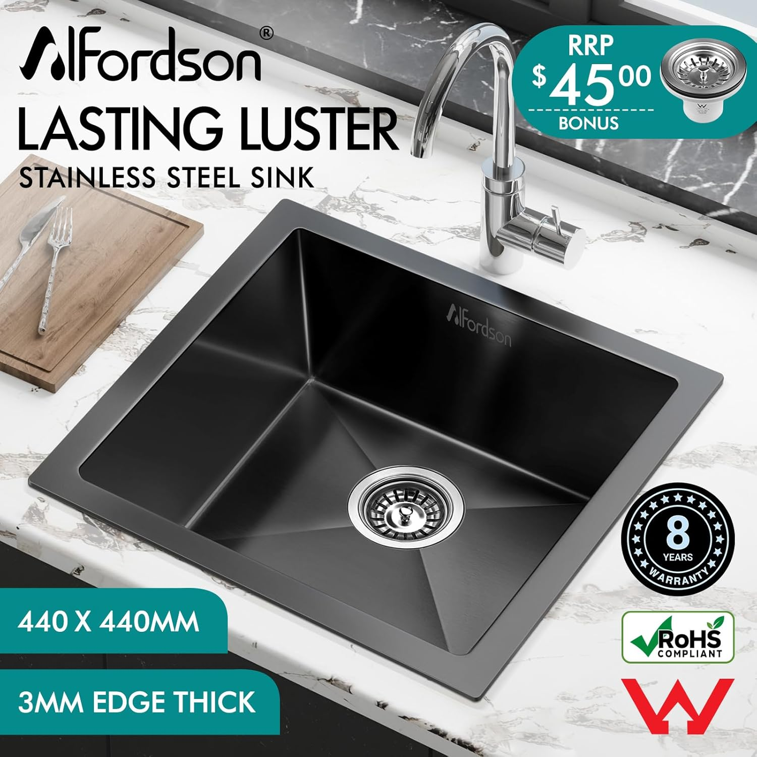 ALFORDSON 304 Stainless Steel Kitchen Sink Square Shape, 440 X 440 X 205Mm, Water Basin Sinks with 3Mm Thick Edge, Single Spacious Bowl with Waste Strainer, Dishwashing Workstation, Black Colour image number 4
