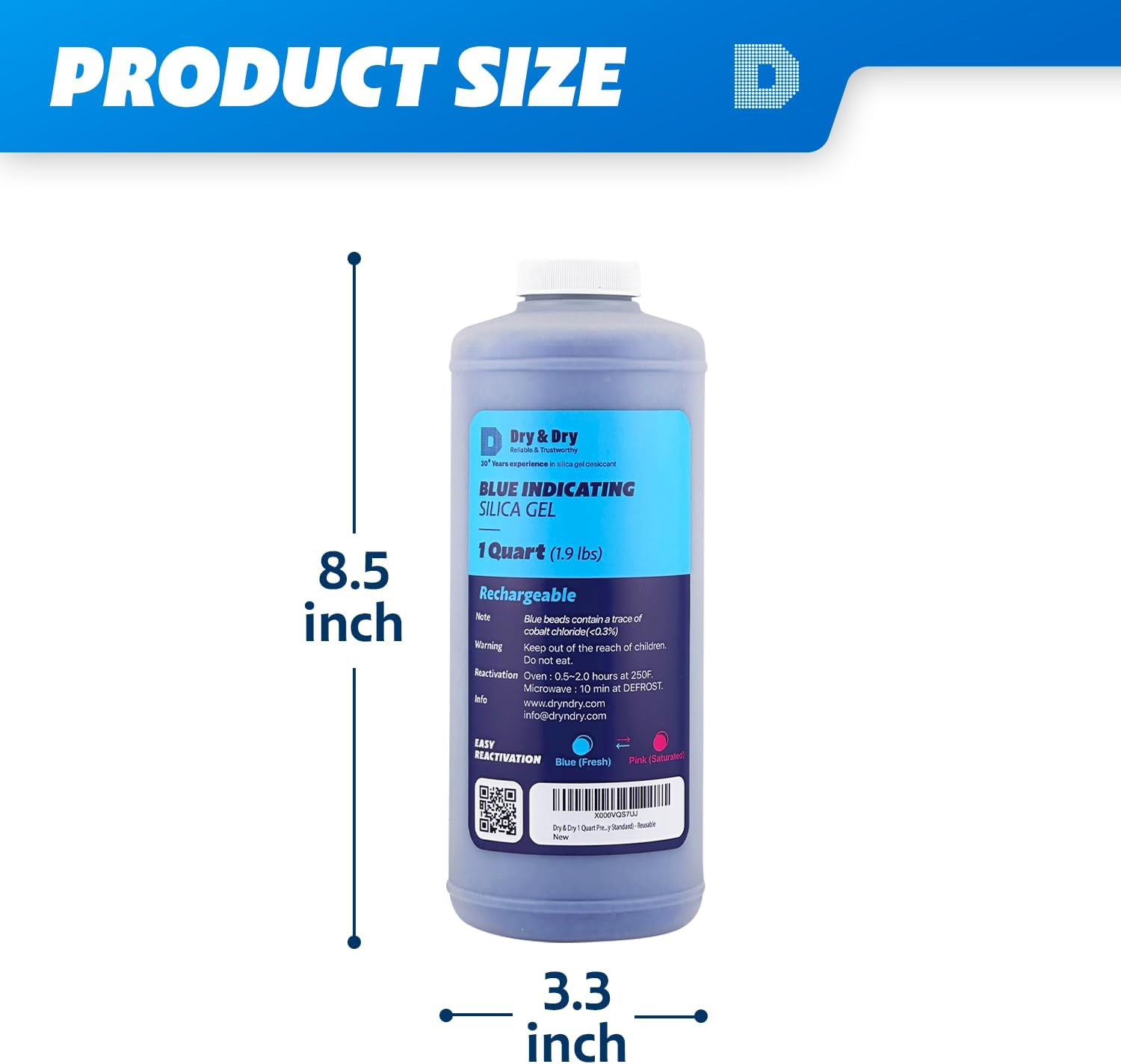 Dry & Dry 1 Quart Premium Blue Indicating Silica Gel Beads in round Bottle with Air Tight Cap(Industry Standard) - Reusable