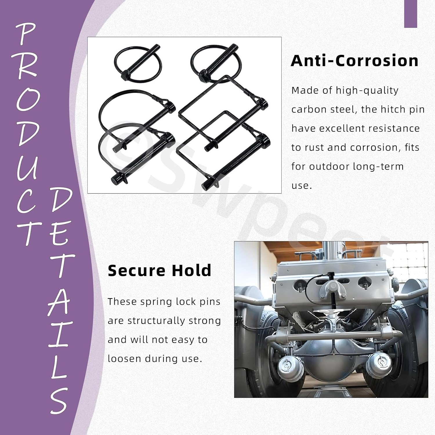 Swpeet 12Pcs 6 Sizes 1/4" 5/16" 3/8" Black Zinc Plated Heavy Duty Shaft Locking Pin Assortment Kit, Round/Square/Arch Safety Coupler Pin, Wire Lock Pin, Hitch Pto Pin for Trailers, Towing, Lawn image number 5