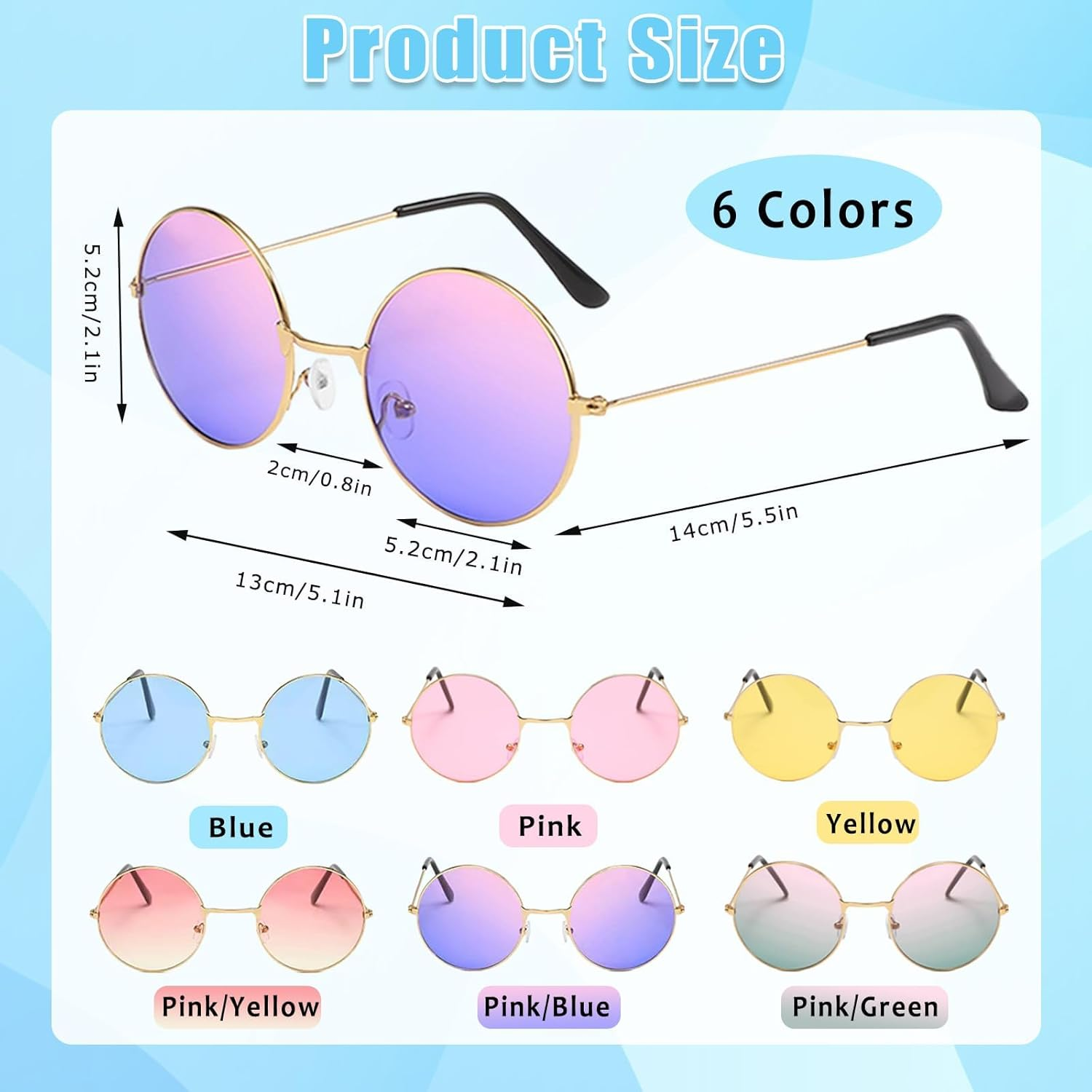 Round Hippy Specs Sunglasses 6PCS Retro Hippie Circle Glasses 60'S 70'S Style Retro Rave Glasses 6 Colors Hippie Fancy Dress Costume Accessories for Adults image number 3