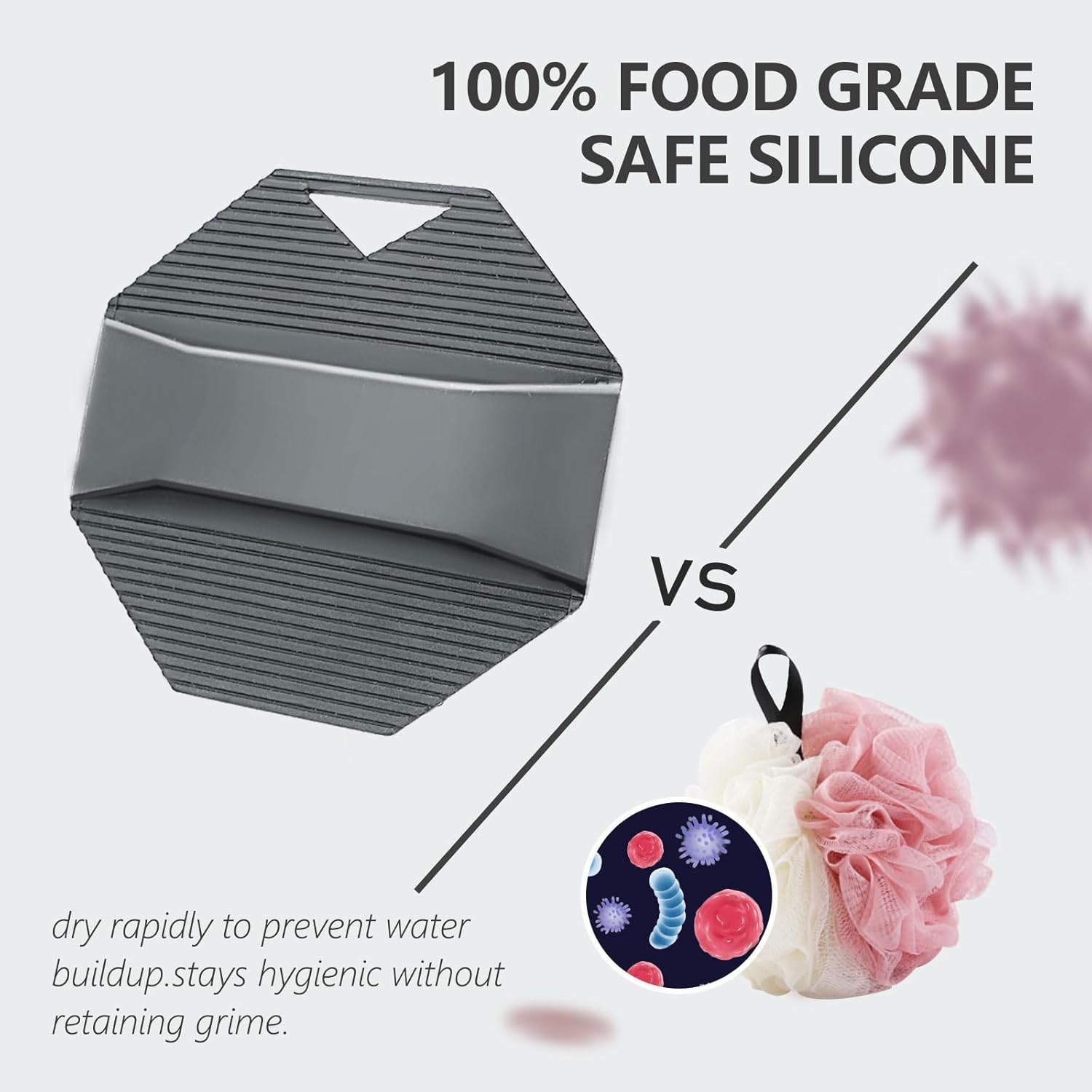 2 Pack Silicone Body Scrubber, Exfoliating Body Scrubber for Sensitive Skin, Silicone Loofah with Anti-Slippery Handle, Stays Clean Easily, Travel-Friendly for Men & Women (Gray + Purple) - Gray  Purple image number 3