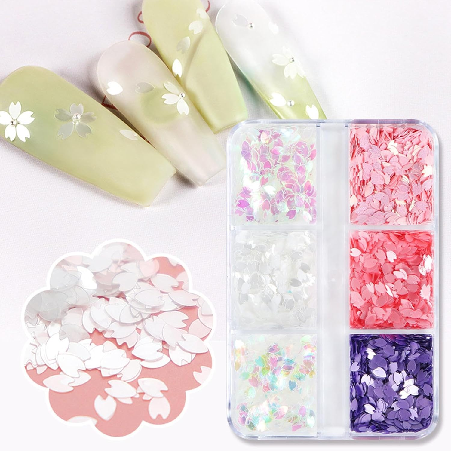 Flowers Nail Glitter | 6-Colors Cherry Blossoms Petals Sequins - Petals Glitter Flakes Set for Women Girls Summer Nail Decoration image number 2