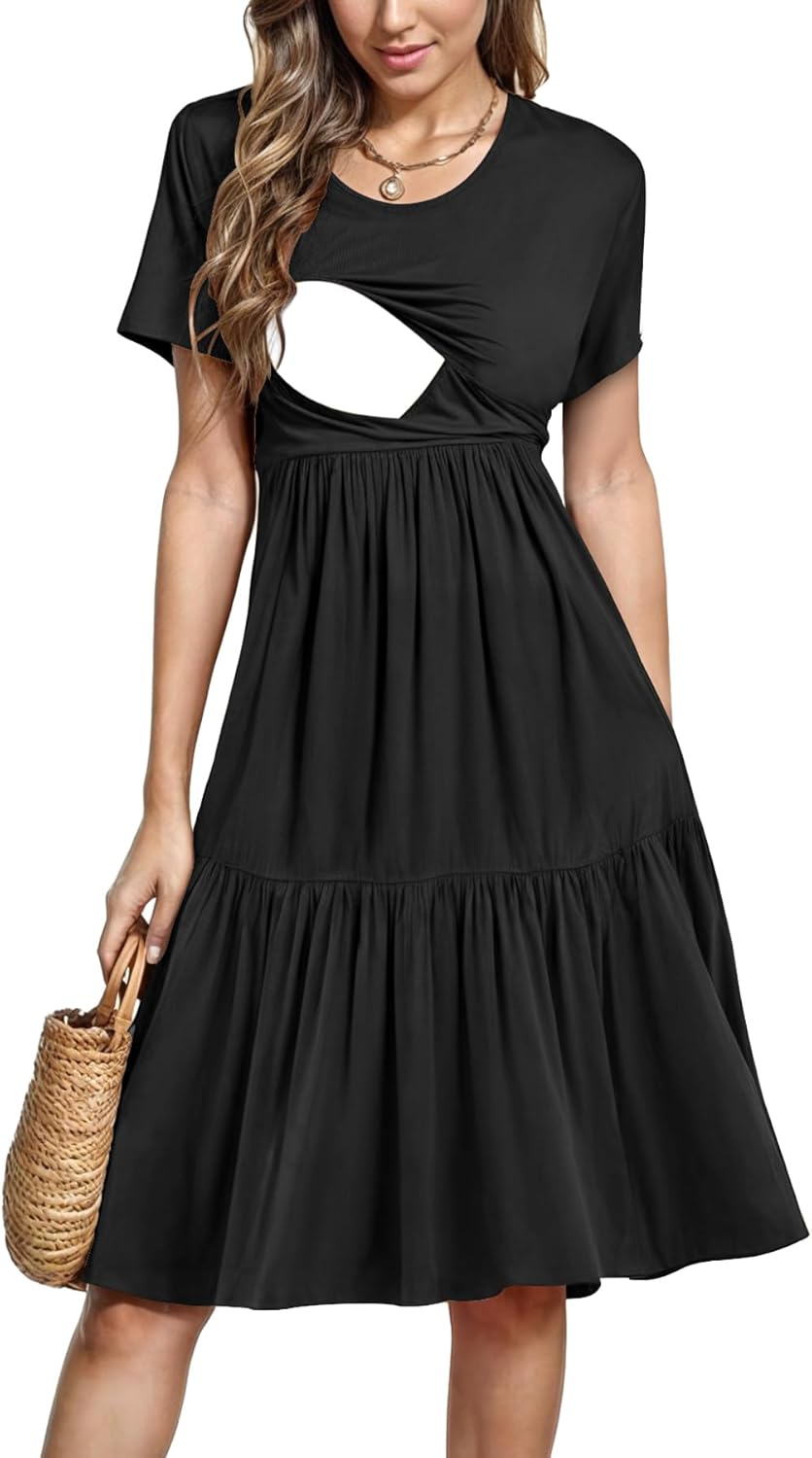 PARNIXS Women'S Summer Nursing Dress Short Sleeve Maternity Knee Length Breastfeeding Dress