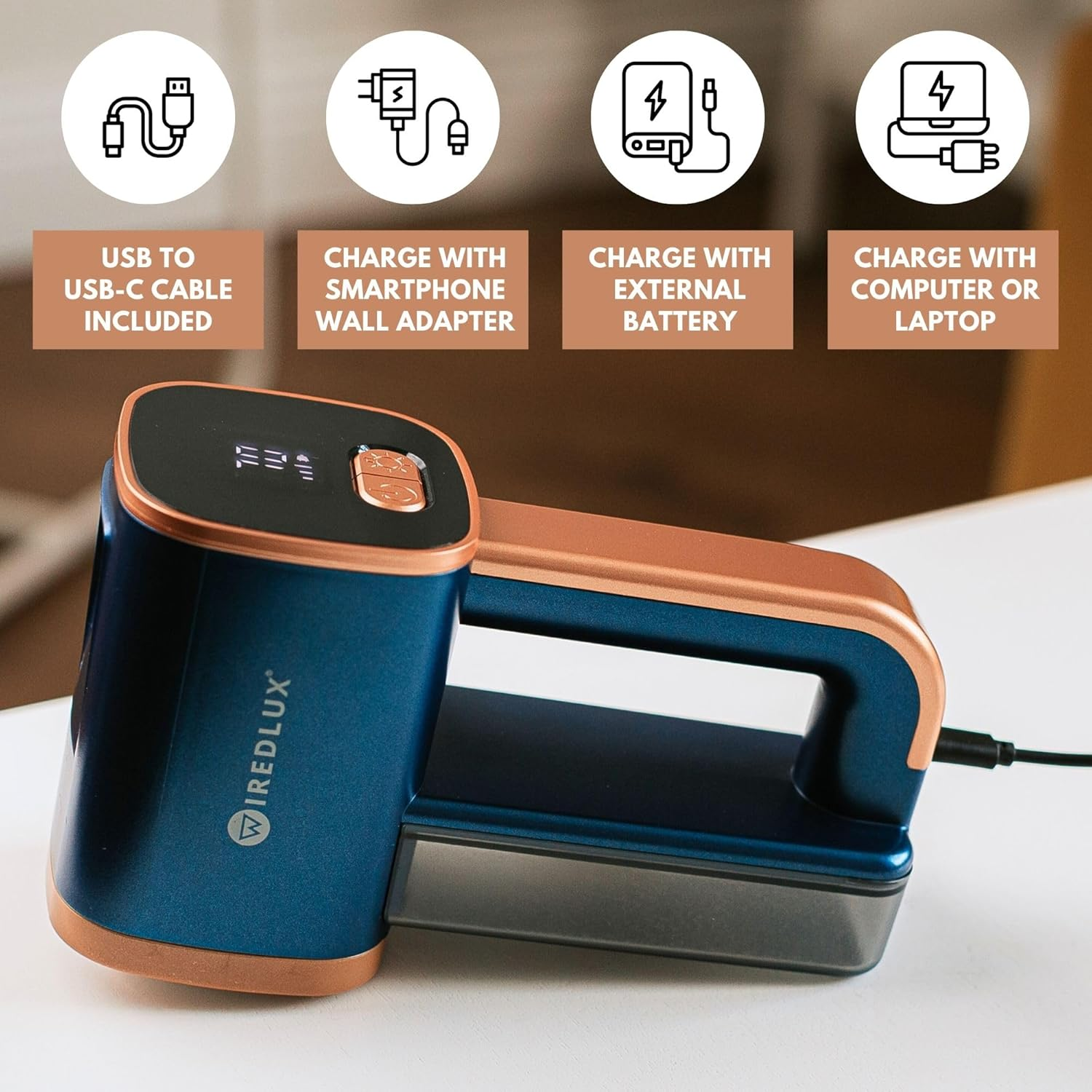 Electric Lint Remover - Rechargeable Fabric Shaver for Clothes & Furniture - Adjustable 3-Speed, 6-Leaf Blade, LED Light, USB Charging - Debobbler with Dual Protection (Cobalt Blue/Copper) image number 4