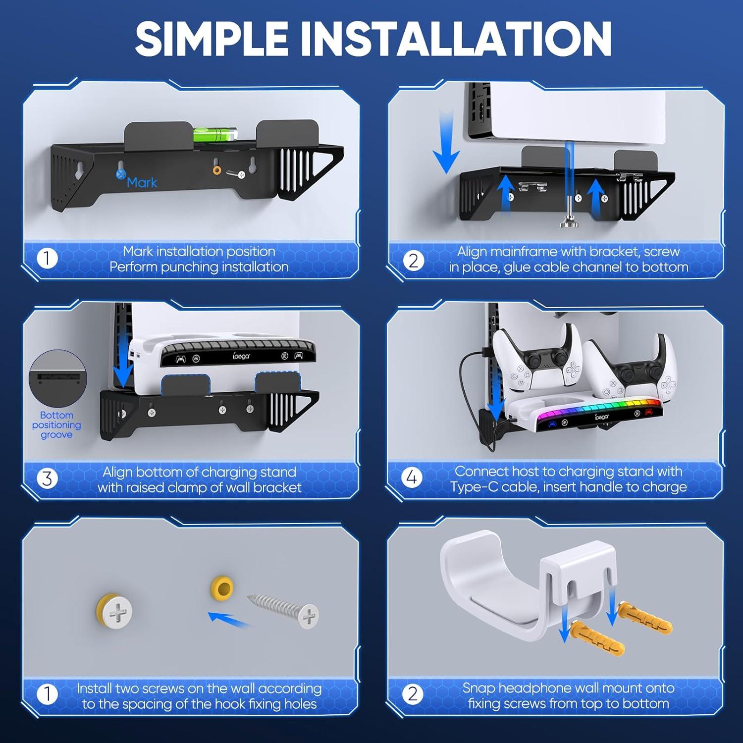Klipdasse Wall Mount Kit for Ps5/Pro/Slim with Dual Controller Charging Station, Floating Disc and Digital Playstation 5, 15 Inch RGB Light, 3 Ports Usb Type C Headphone Support image number 6